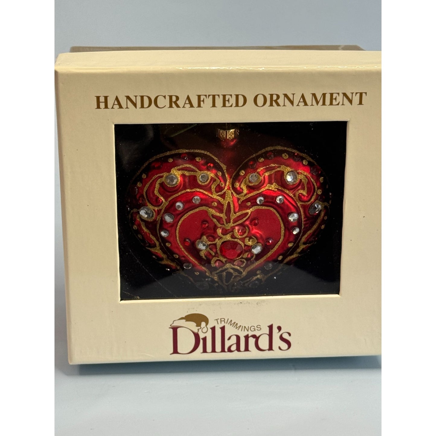 Dillards Handcrafted Glass Heart Ornament Red Jeweled 3" x 3 1/4" Boxed