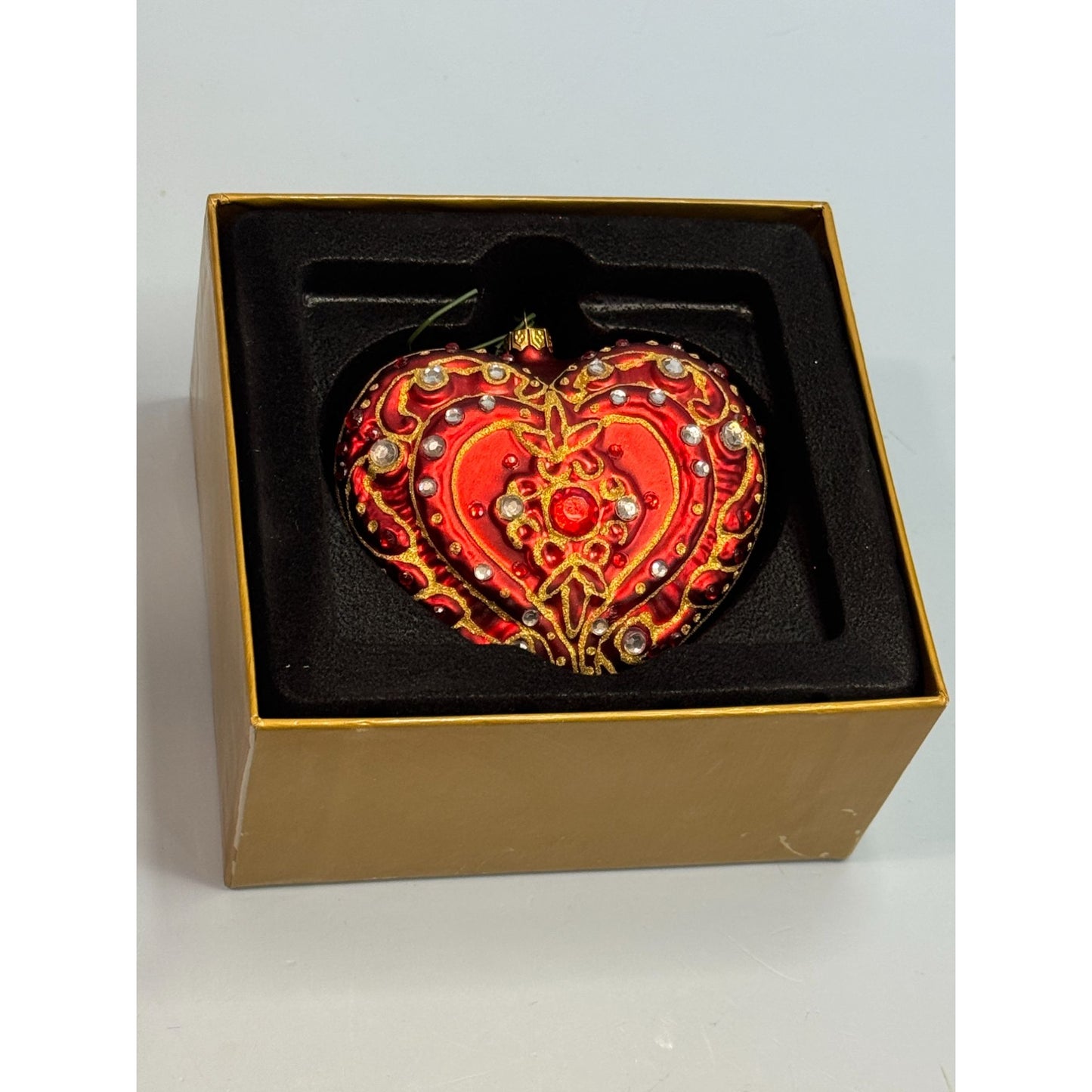 Dillards Handcrafted Glass Heart Ornament Red Jeweled 3" x 3 1/4" Boxed