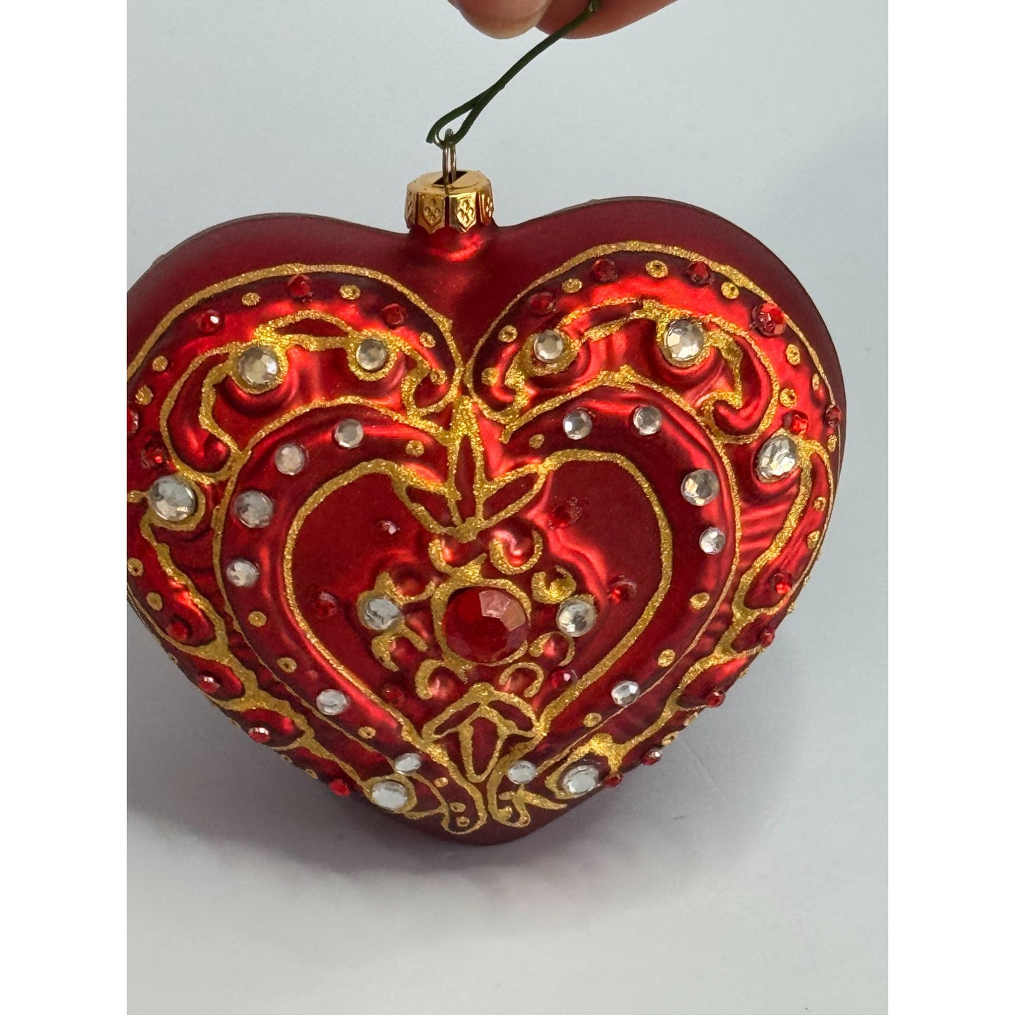 Dillards Handcrafted Glass Heart Ornament Red Jeweled 3" x 3 1/4" Boxed