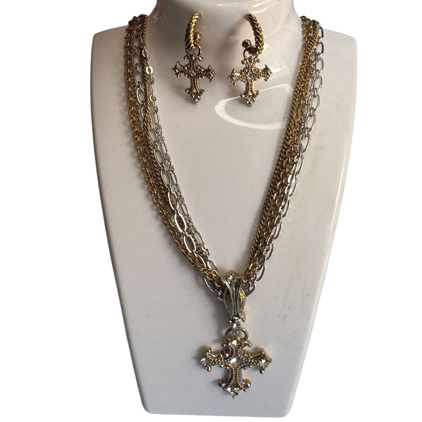 Vintage Brighton Gold & Silver Cross Necklace & Earrings Set Retired