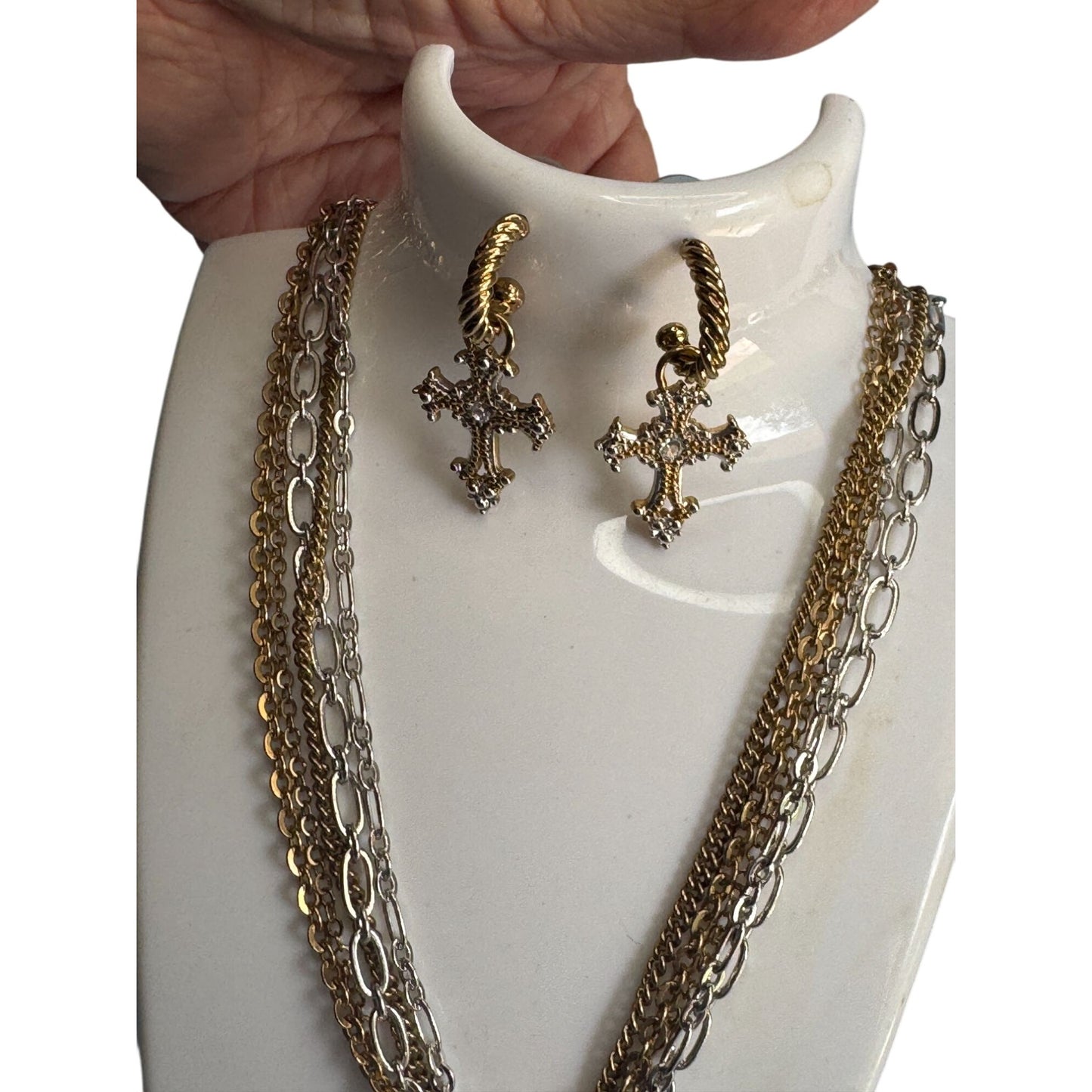 Vintage Brighton Gold & Silver Cross Necklace & Earrings Set Retired