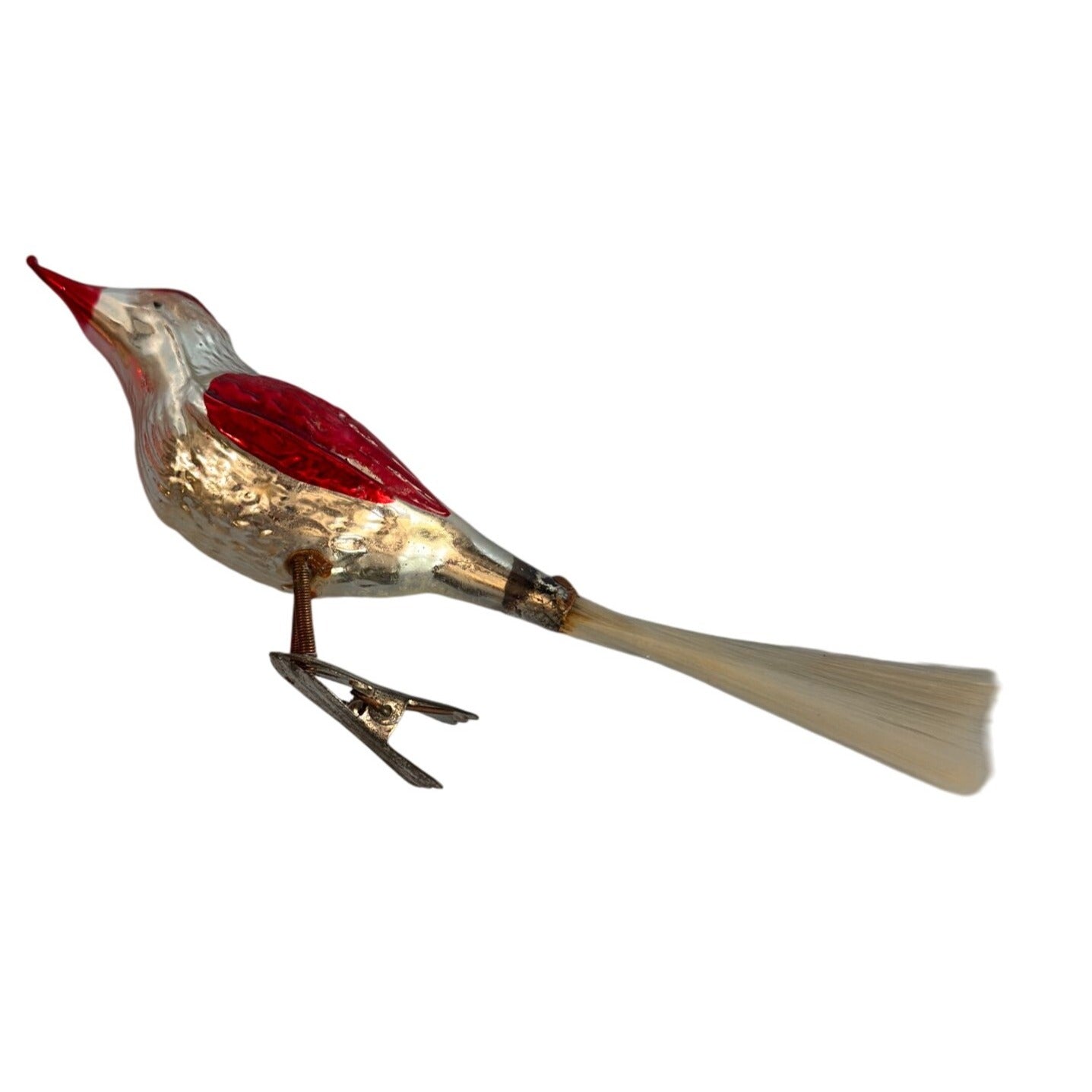 Vintage Blown Glass Bird Ornament Red Silver With Spun Glass Tail 6" Germany
