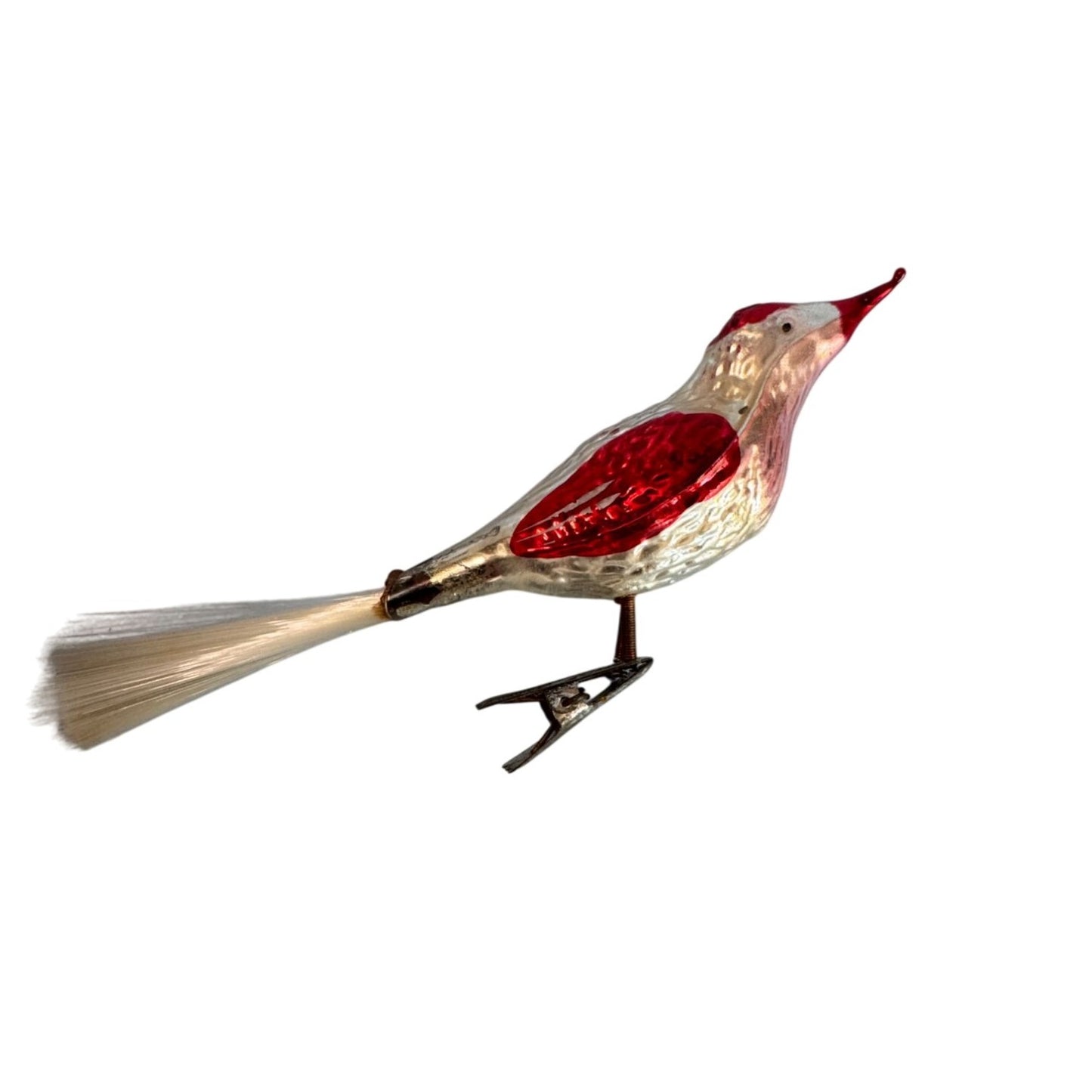 Vintage Blown Glass Bird Ornament Red Silver With Spun Glass Tail 6" Germany