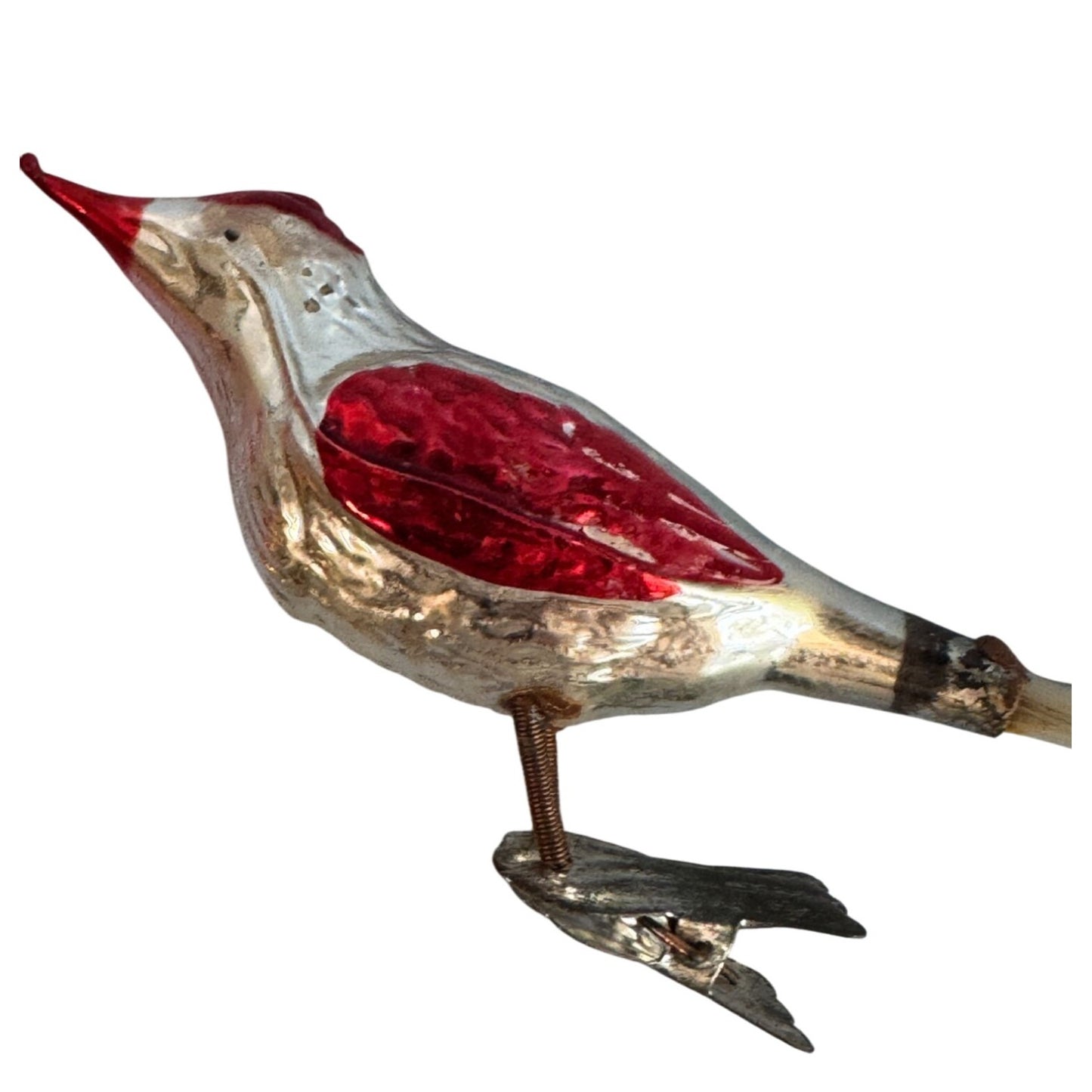 Vintage Blown Glass Bird Ornament Red Silver With Spun Glass Tail 6" Germany