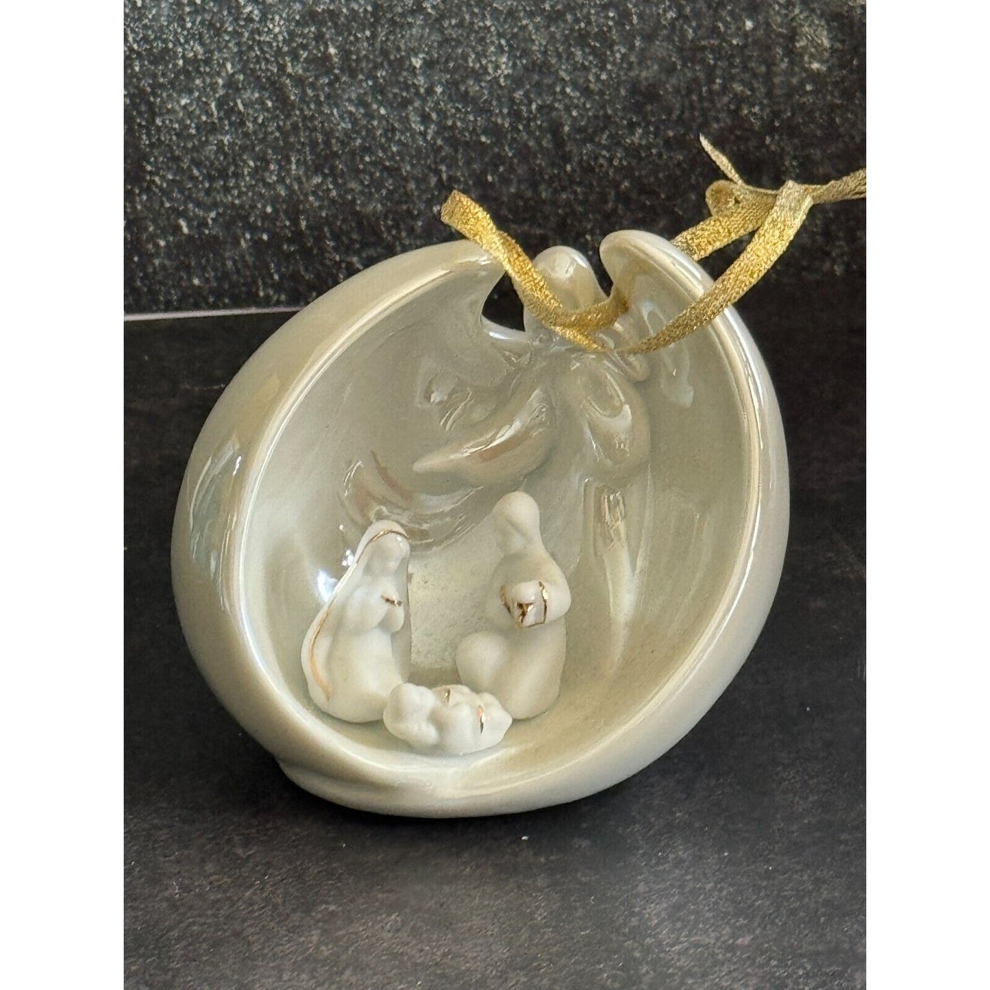 AppleTree Design Porcelain Nativity Christmas Ornament White Luster Finish Gold Ribbon Trim