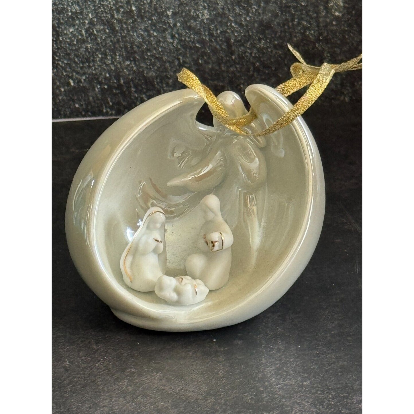 AppleTree Design Porcelain Nativity Christmas Ornament White Luster Finish Gold Ribbon Trim