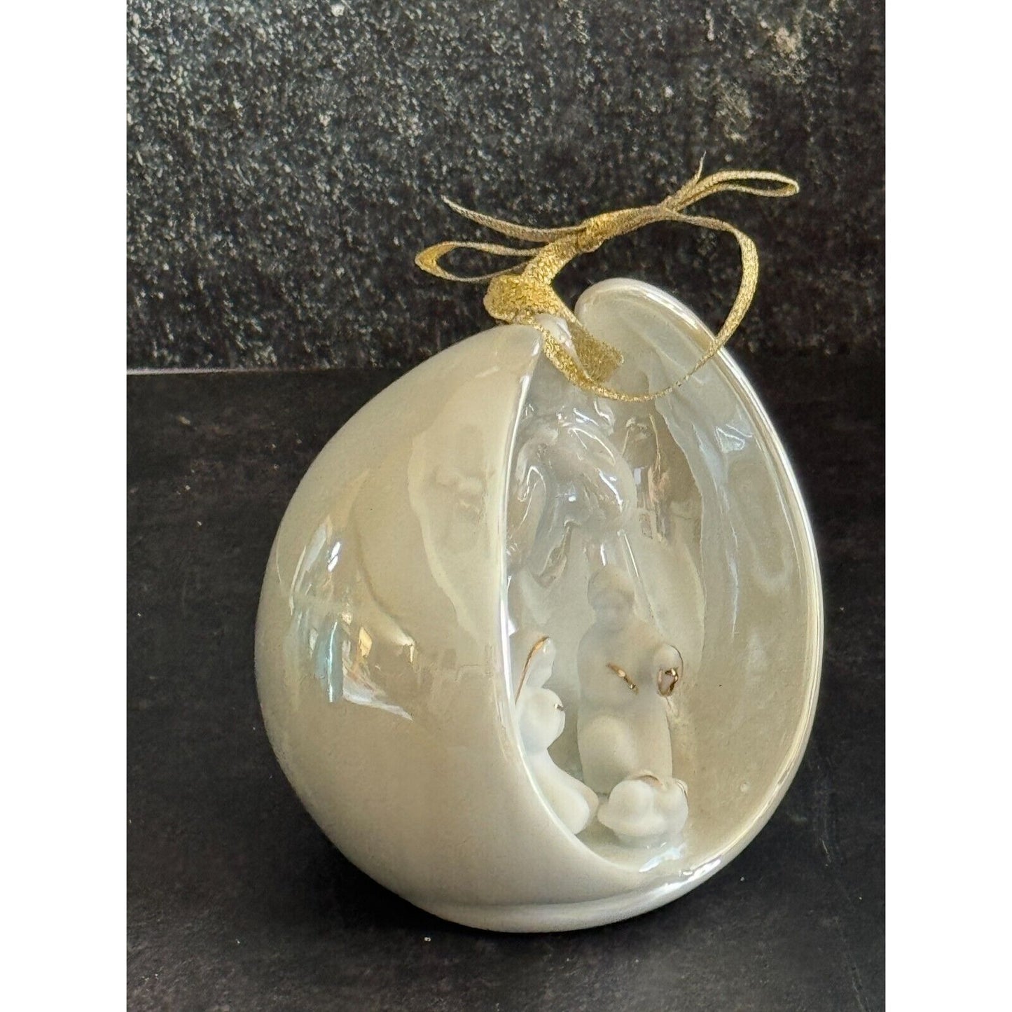 AppleTree Design Porcelain Nativity Christmas Ornament White Luster Finish Gold Ribbon Trim