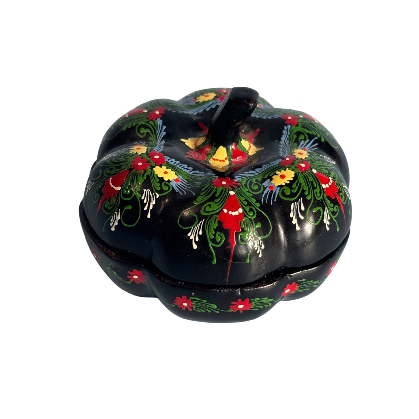 Vintage Black Lacquer Pumpkin Shape Trinket Box Hand-Painted Floral Design 3"