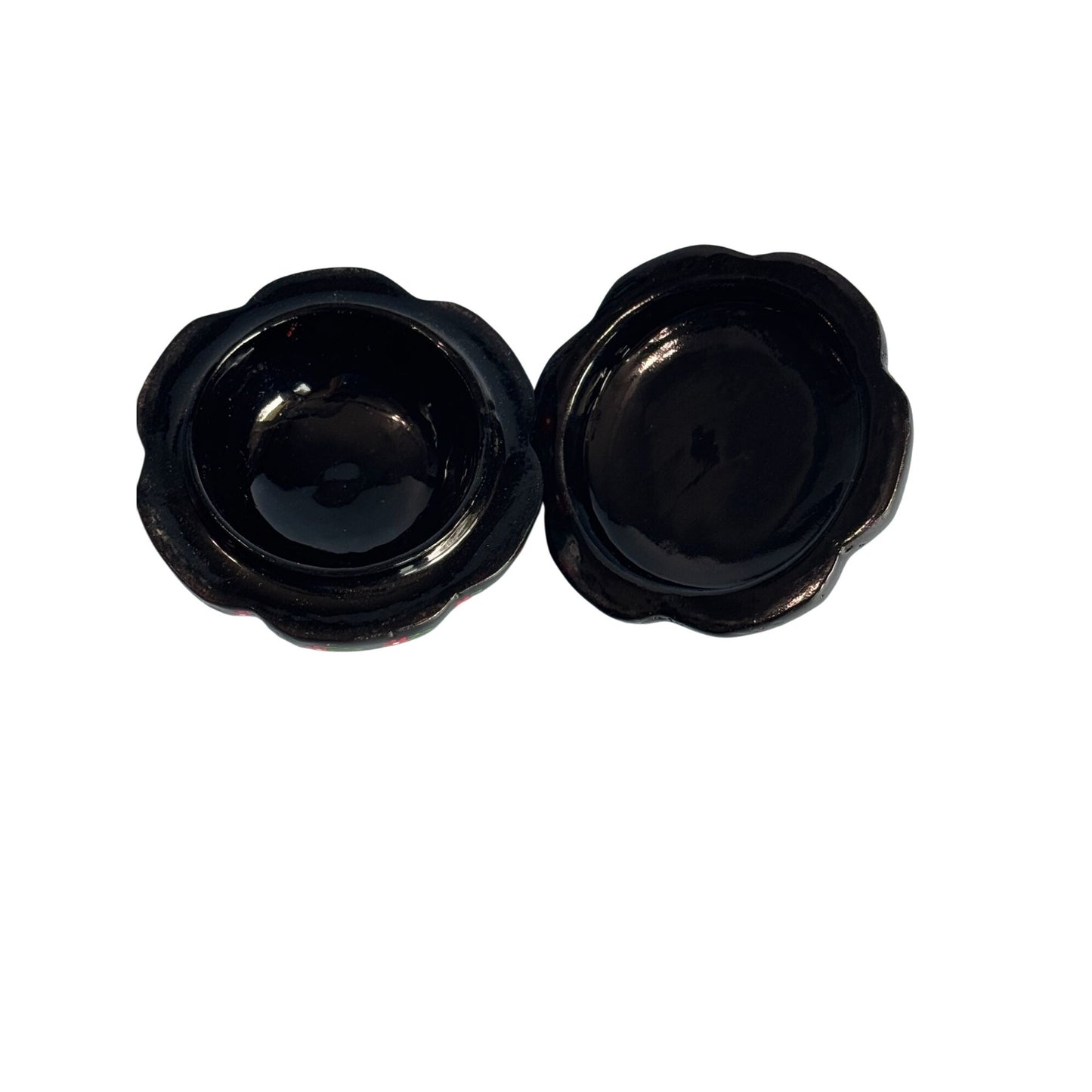 Vintage Black Lacquer Pumpkin Shape Trinket Box Hand-Painted Floral Design 3"