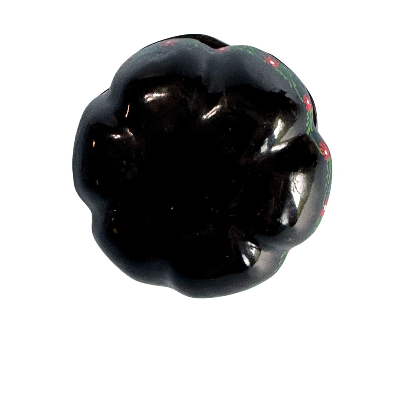 Vintage Black Lacquer Pumpkin Shape Trinket Box Hand-Painted Floral Design 3"