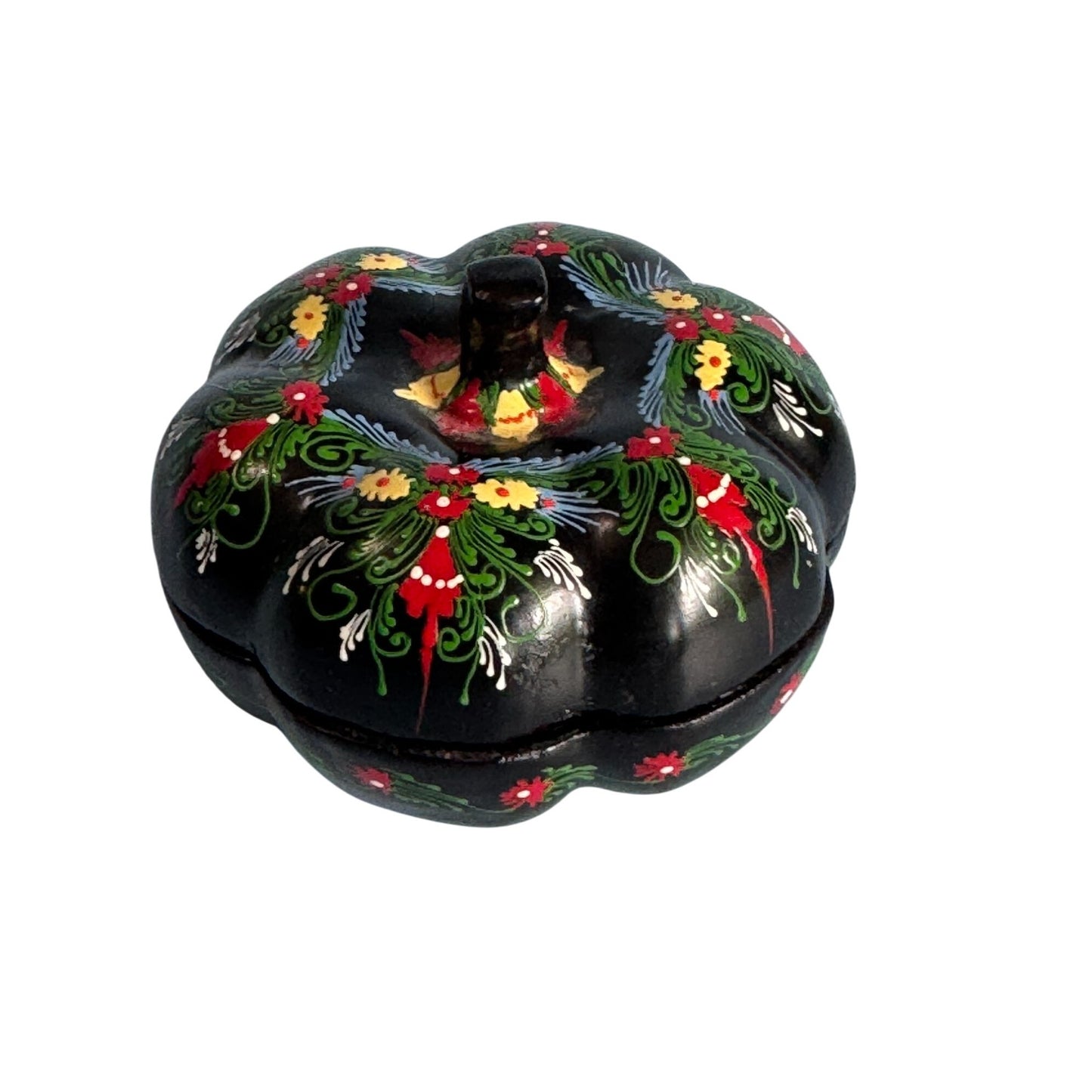 Vintage Black Lacquer Pumpkin Shape Trinket Box Hand-Painted Floral Design 3"