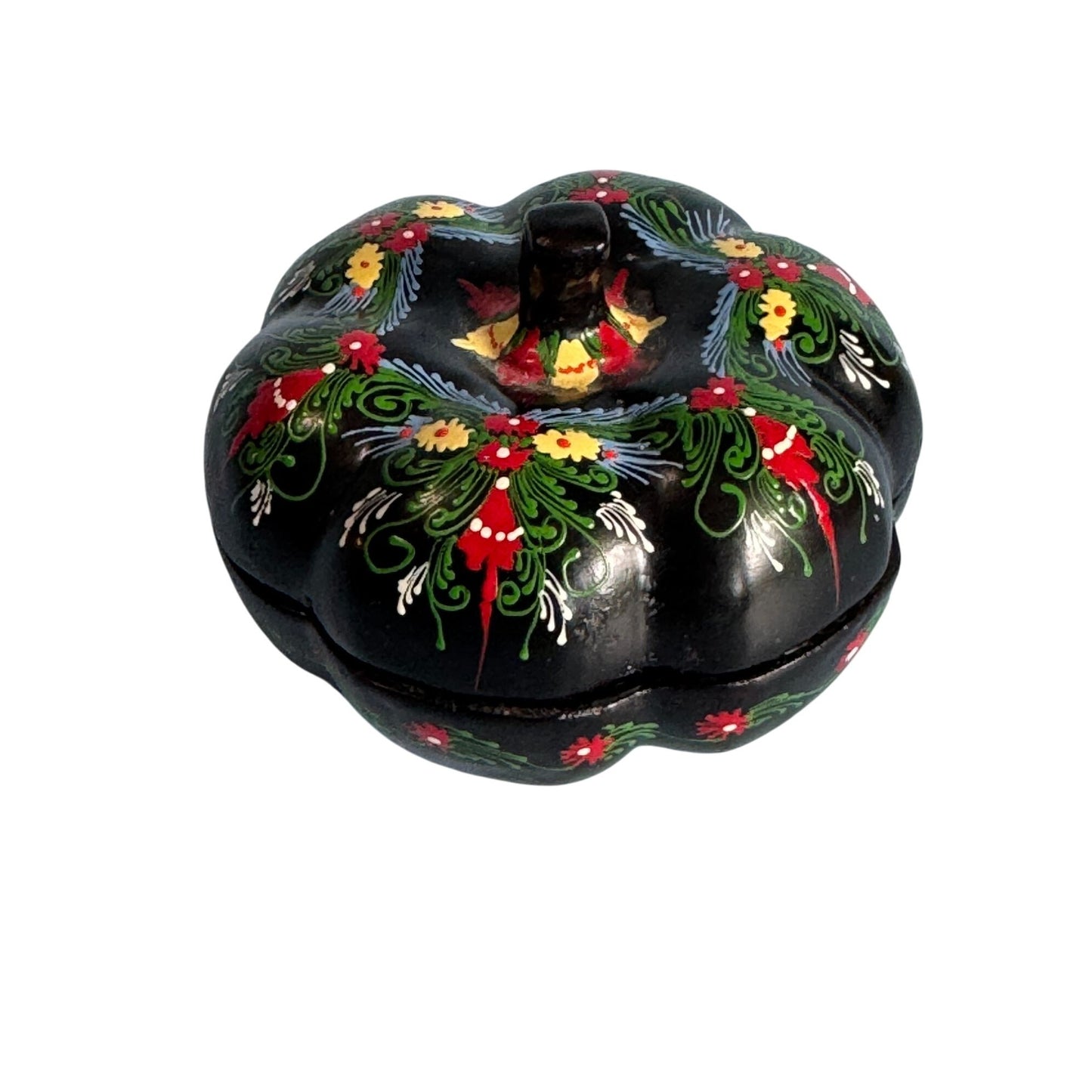 Vintage Black Lacquer Pumpkin Shape Trinket Box Hand-Painted Floral Design 3"