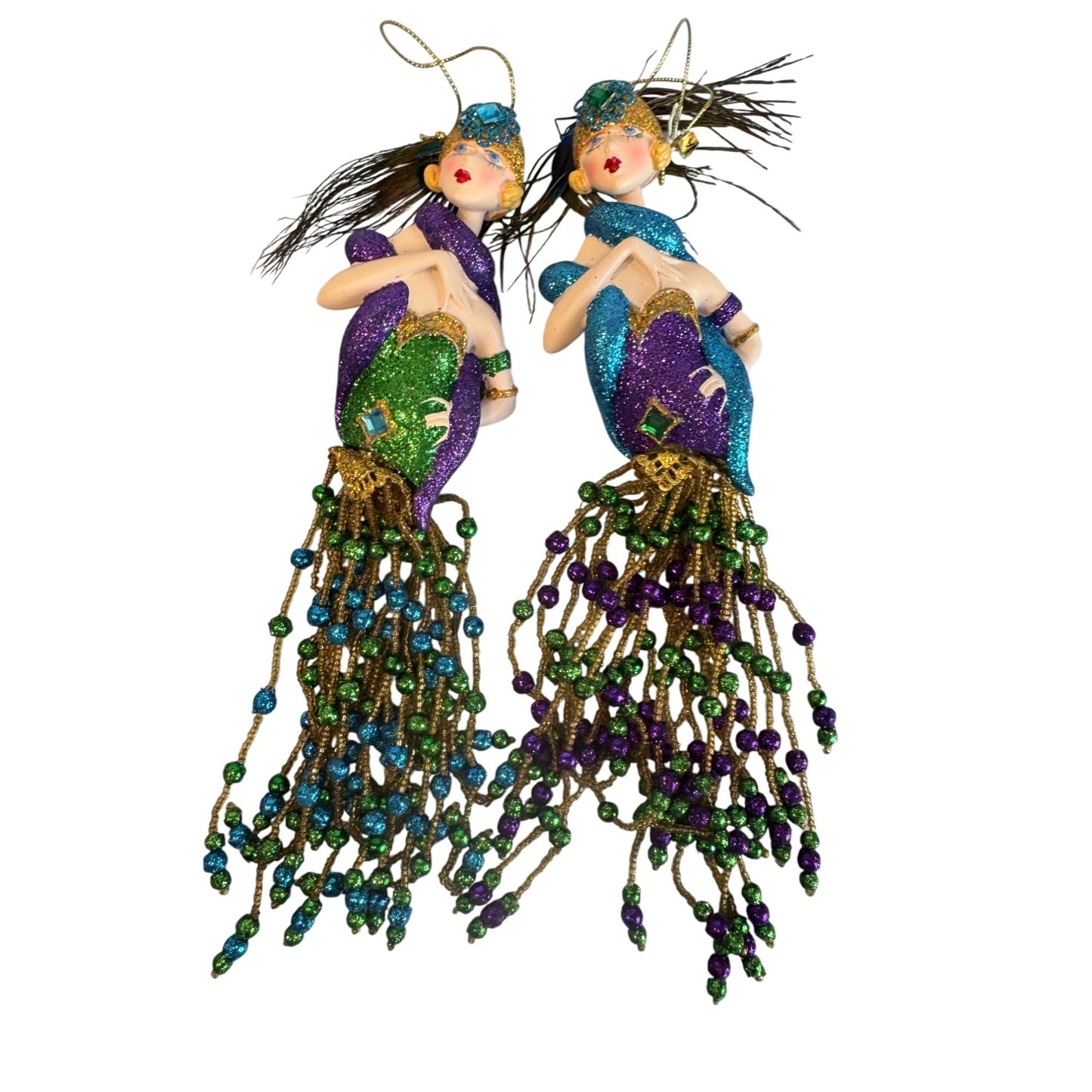 Mardi Gras Porcelain Mermaid Ornaments Set of 2 Beaded Fringe Purple Green Gold 12"