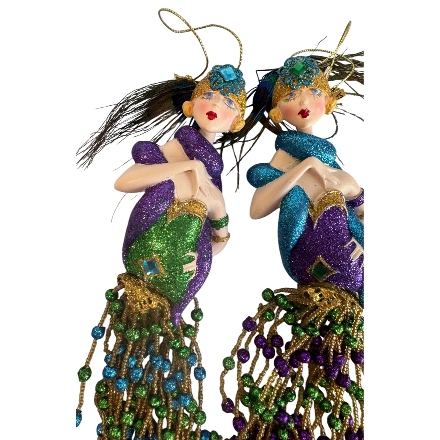 Mardi Gras Porcelain Mermaid Ornaments Set of 2 Beaded Fringe Purple Green Gold 12"