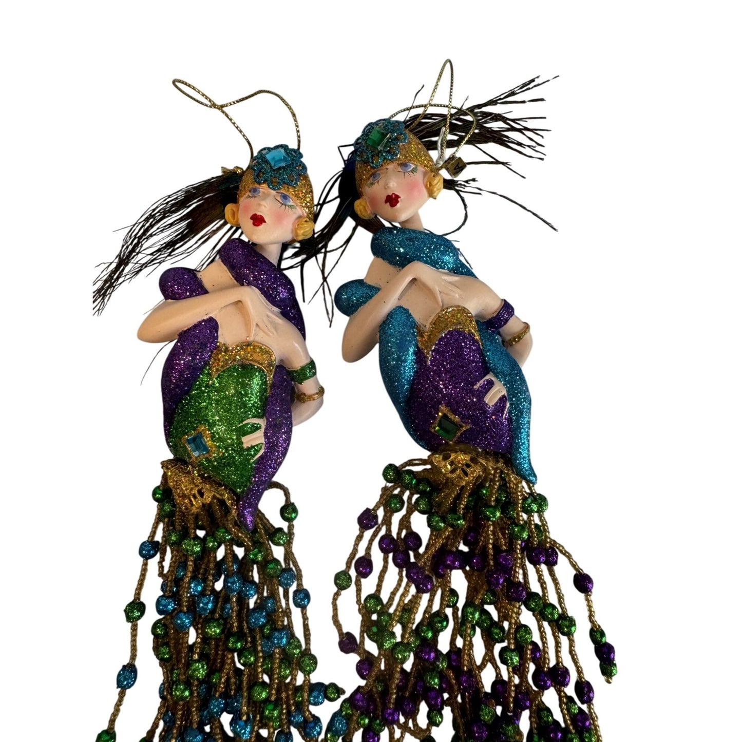 Mardi Gras Porcelain Mermaid Ornaments Set of 2 Beaded Fringe Purple Green Gold 12"