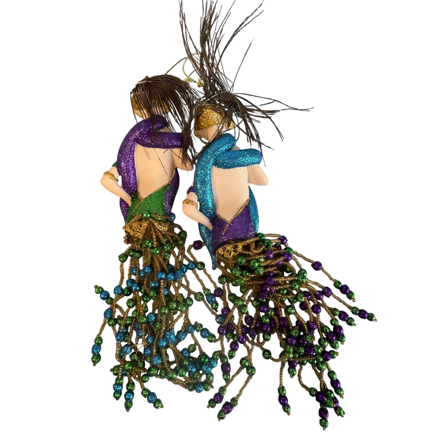 Mardi Gras Porcelain Mermaid Ornaments Set of 2 Beaded Fringe Purple Green Gold 12"