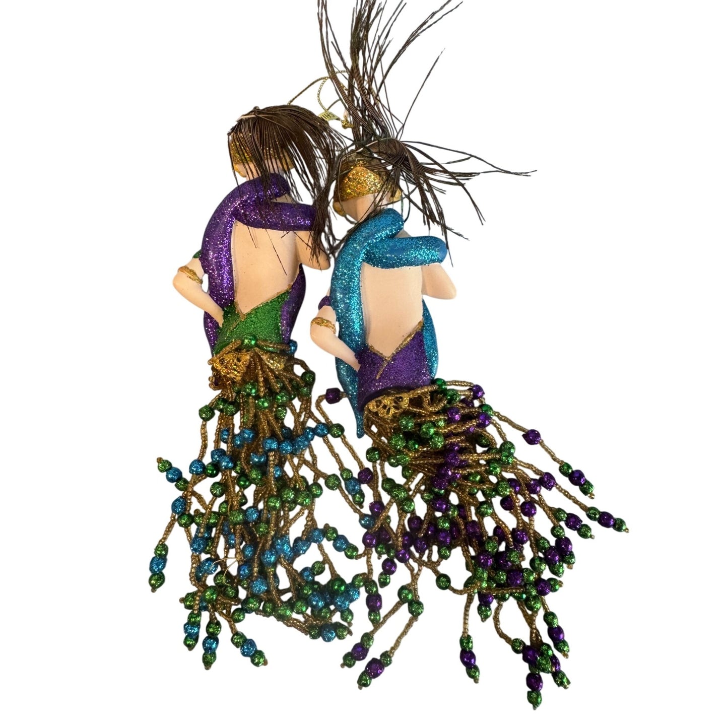 Mardi Gras Porcelain Mermaid Ornaments Set of 2 Beaded Fringe Purple Green Gold 12"