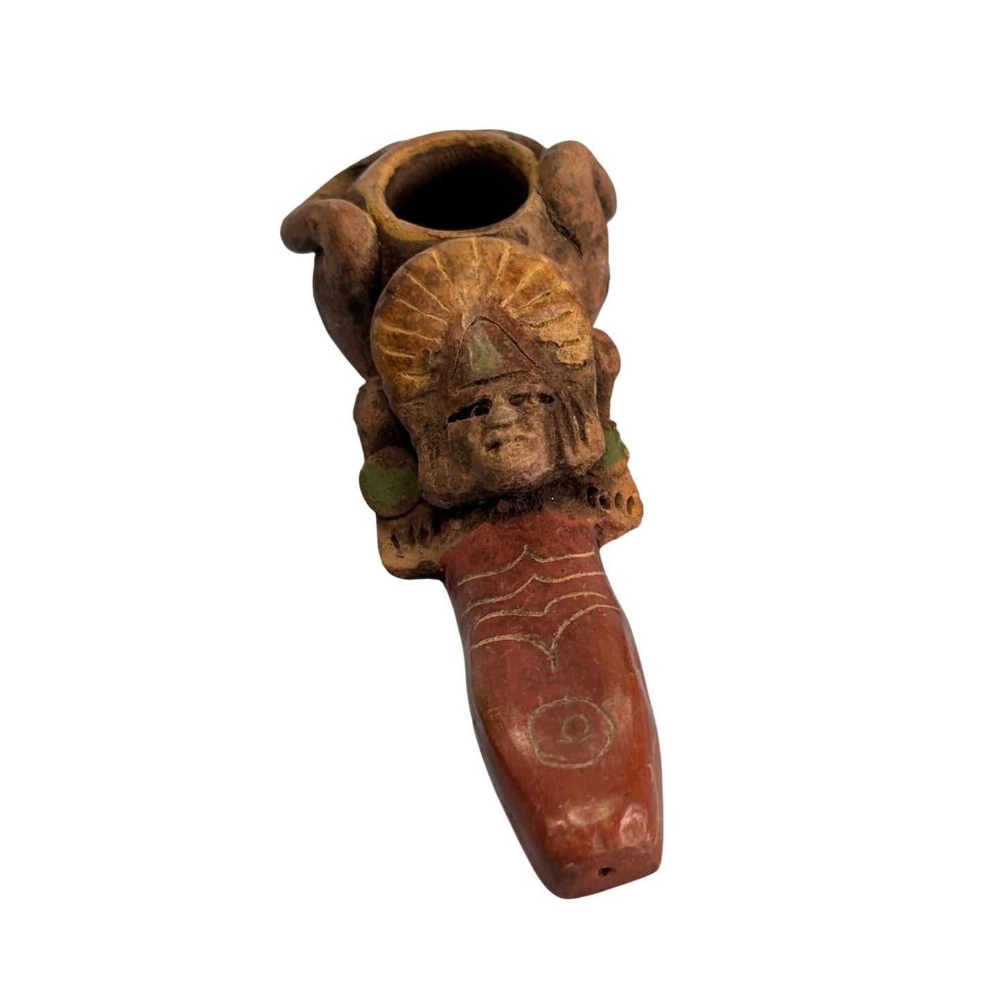 Hand Carved Stone Smoking Pipe Tribal Warrior Mayan Aztek Design 4 Inches