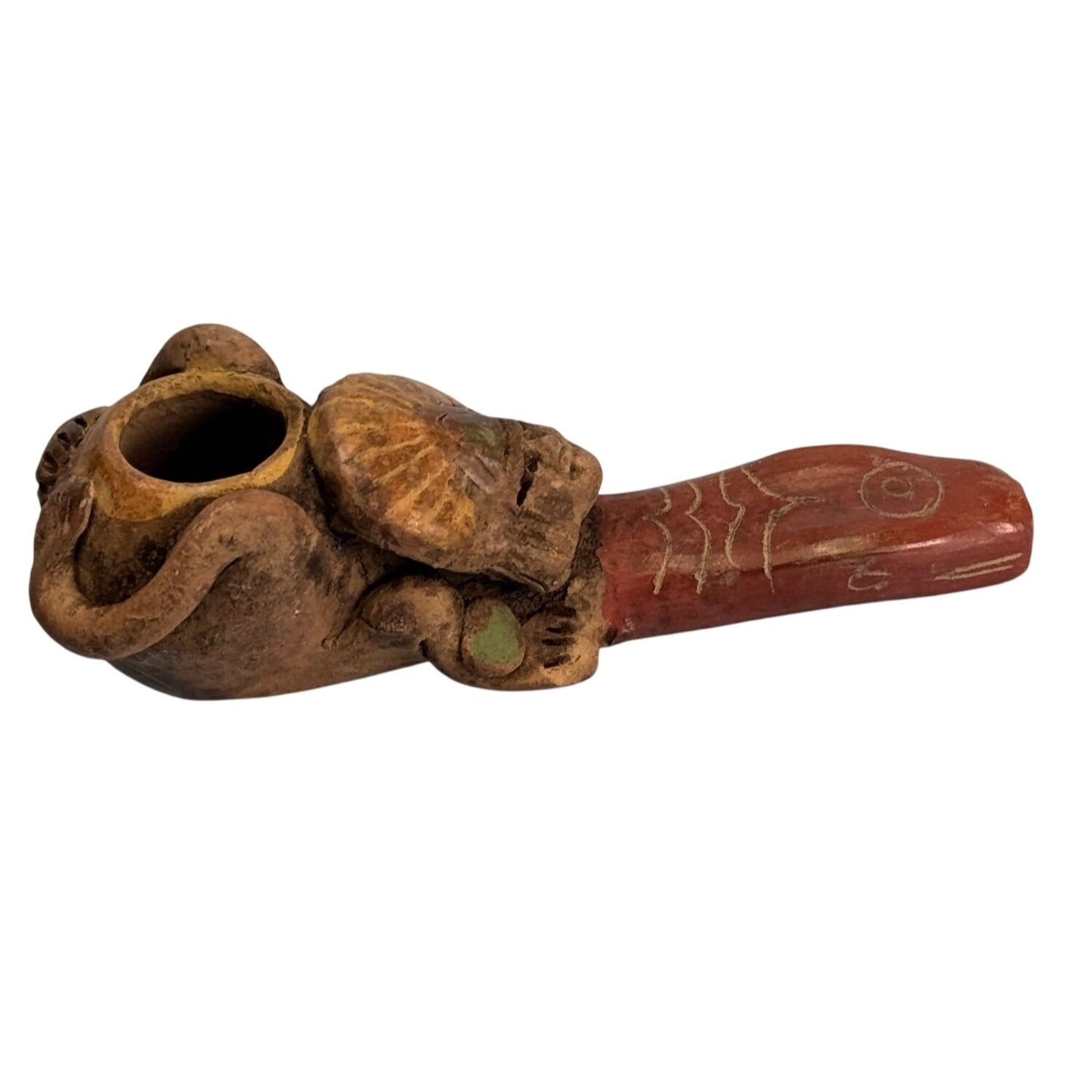 Hand Carved Stone Smoking Pipe Tribal Warrior Mayan Aztek Design 4 Inches