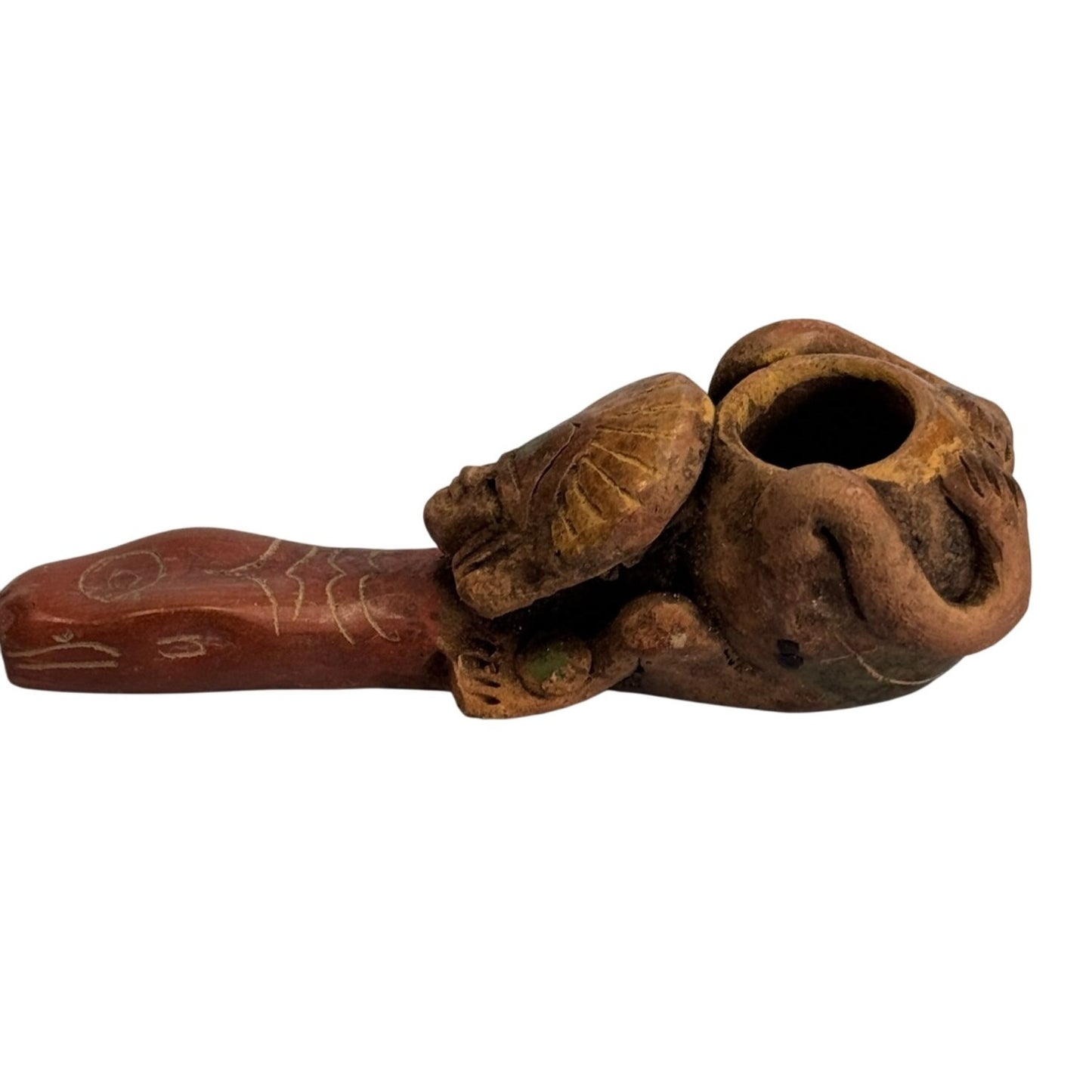 Hand Carved Stone Smoking Pipe Tribal Warrior Mayan Aztek Design 4 Inches