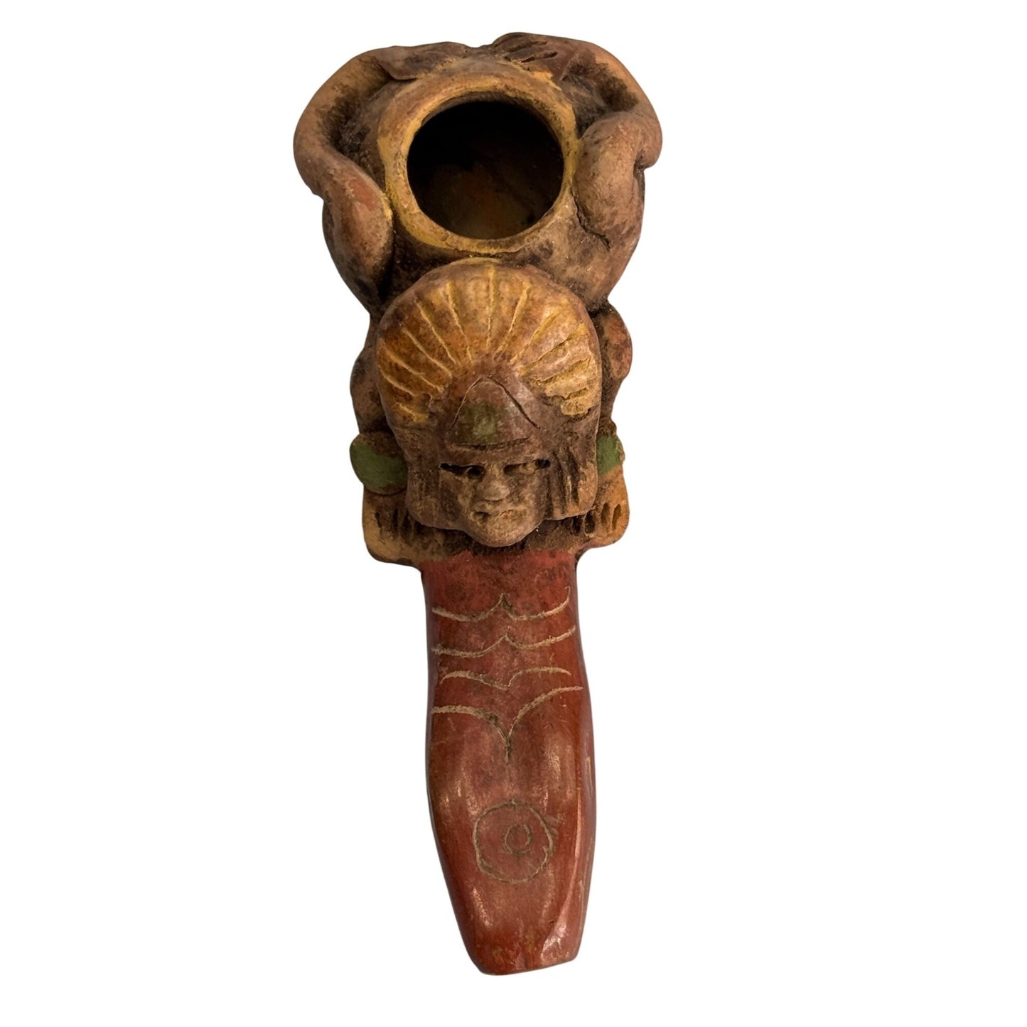 Hand Carved Stone Smoking Pipe Tribal Warrior Mayan Aztek Design 4 Inches