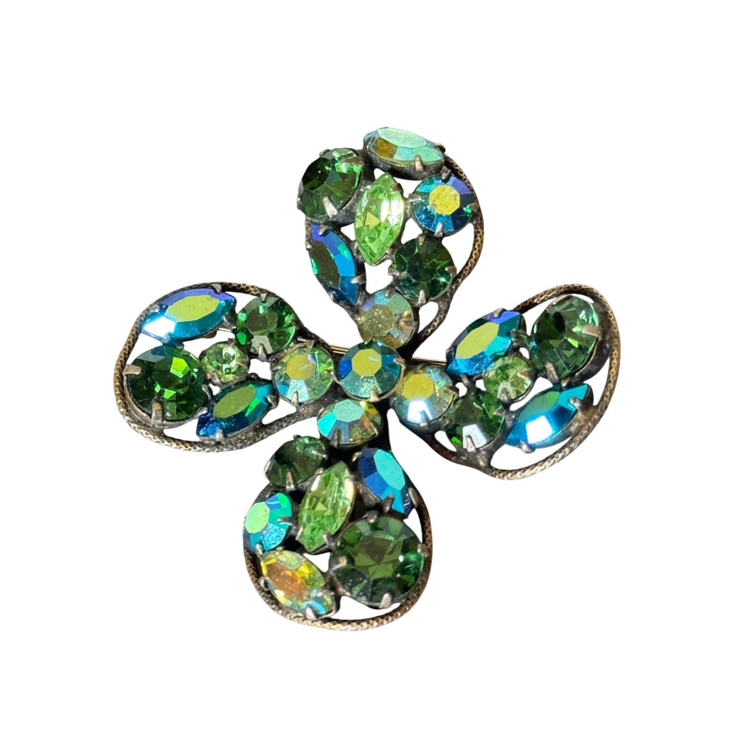 Vintage Regency Designer Signed Rhinestone Clover Brooch Green & Blue 2" Pin