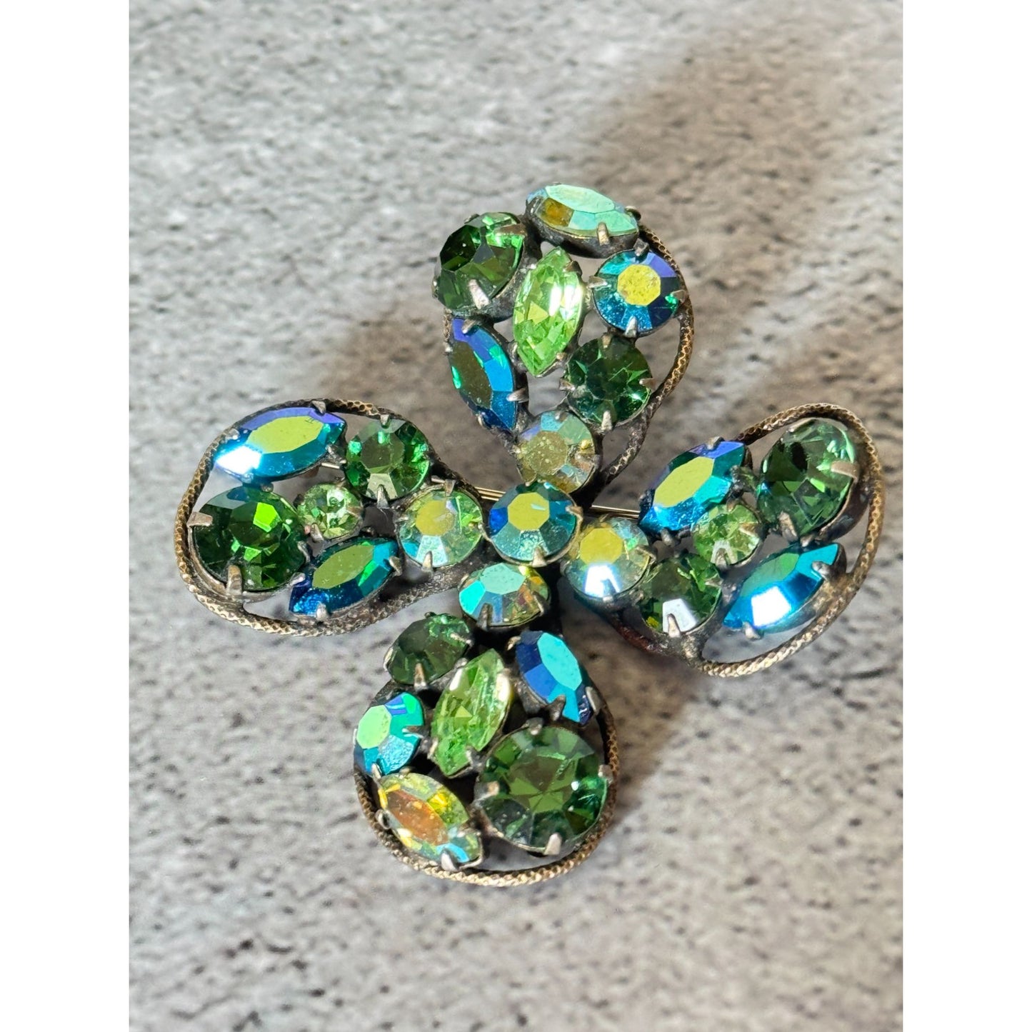 Vintage Regency Designer Signed Rhinestone Clover Brooch Green & Blue 2" Pin