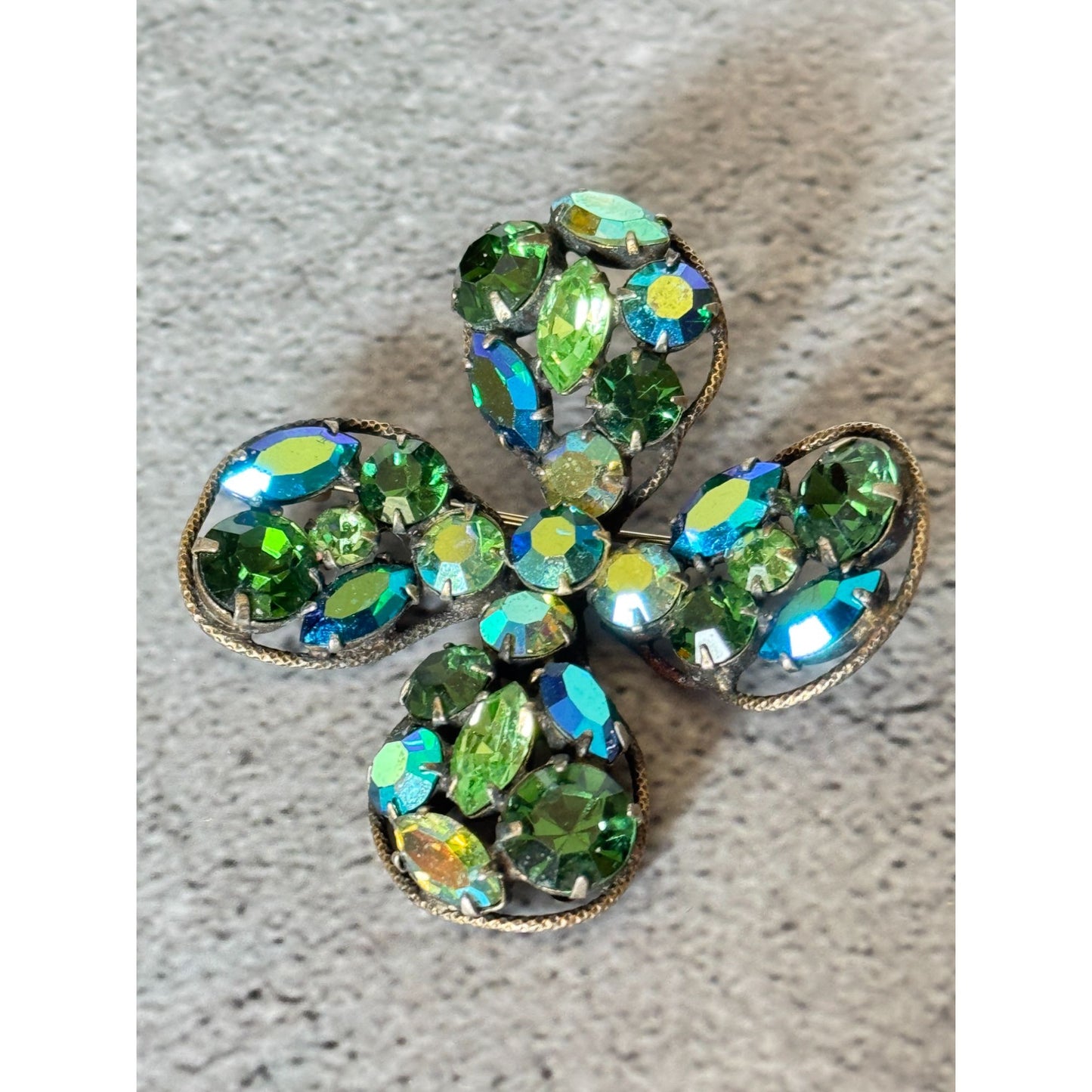 Vintage Regency Designer Signed Rhinestone Clover Brooch Green & Blue 2" Pin