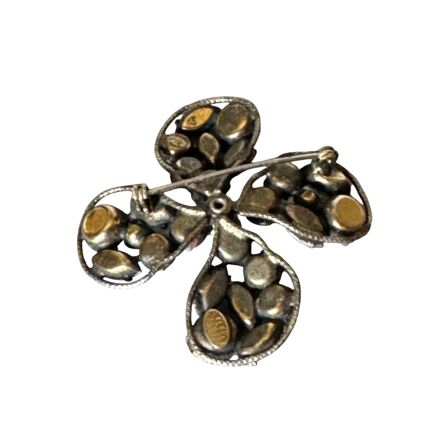 Vintage Regency Designer Signed Rhinestone Clover Brooch Green & Blue 2" Pin
