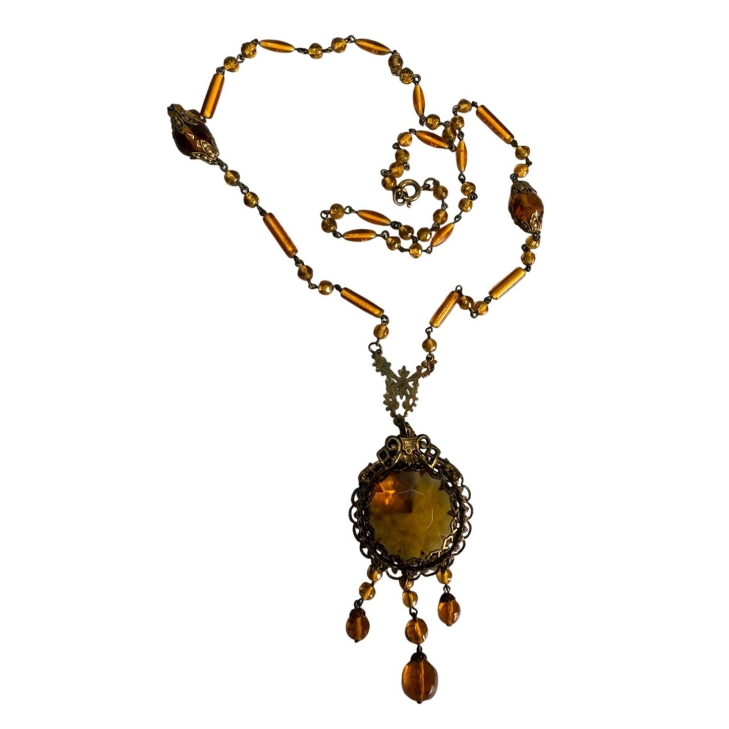 Antique1920s Art Deco Czech Amber Brass Necklace Dangling Pendant Beaded Chain
