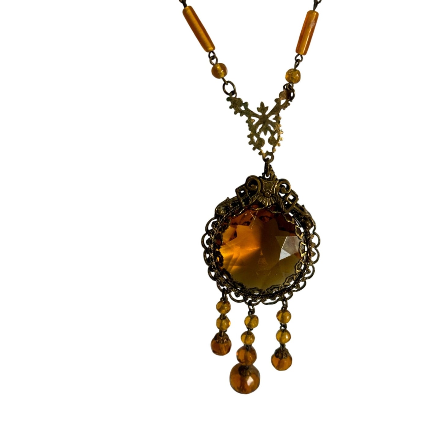 Antique1920s Art Deco Czech Amber Brass Necklace Dangling Pendant Beaded Chain