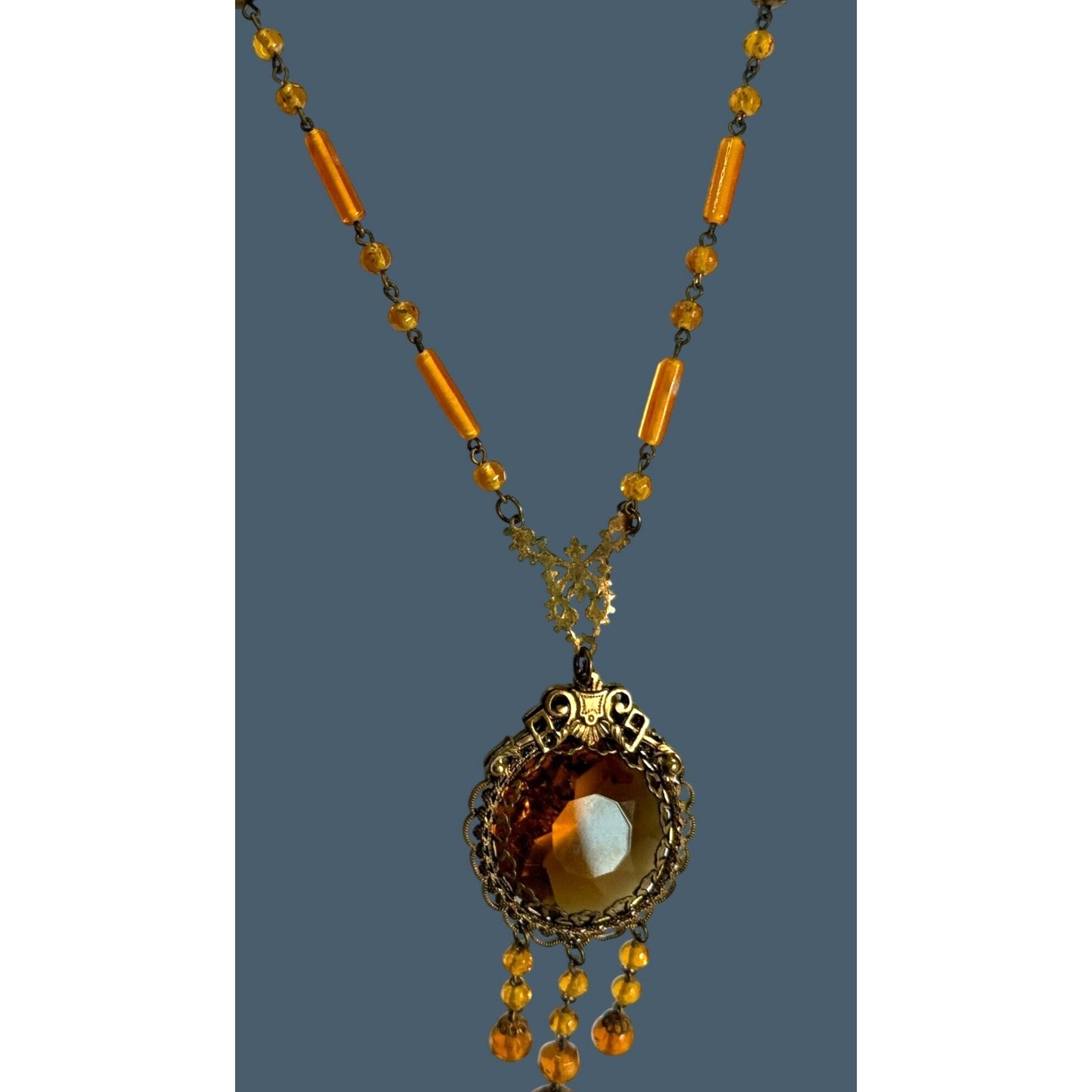 Antique1920s Art Deco Czech Amber Brass Necklace Dangling Pendant Beaded Chain
