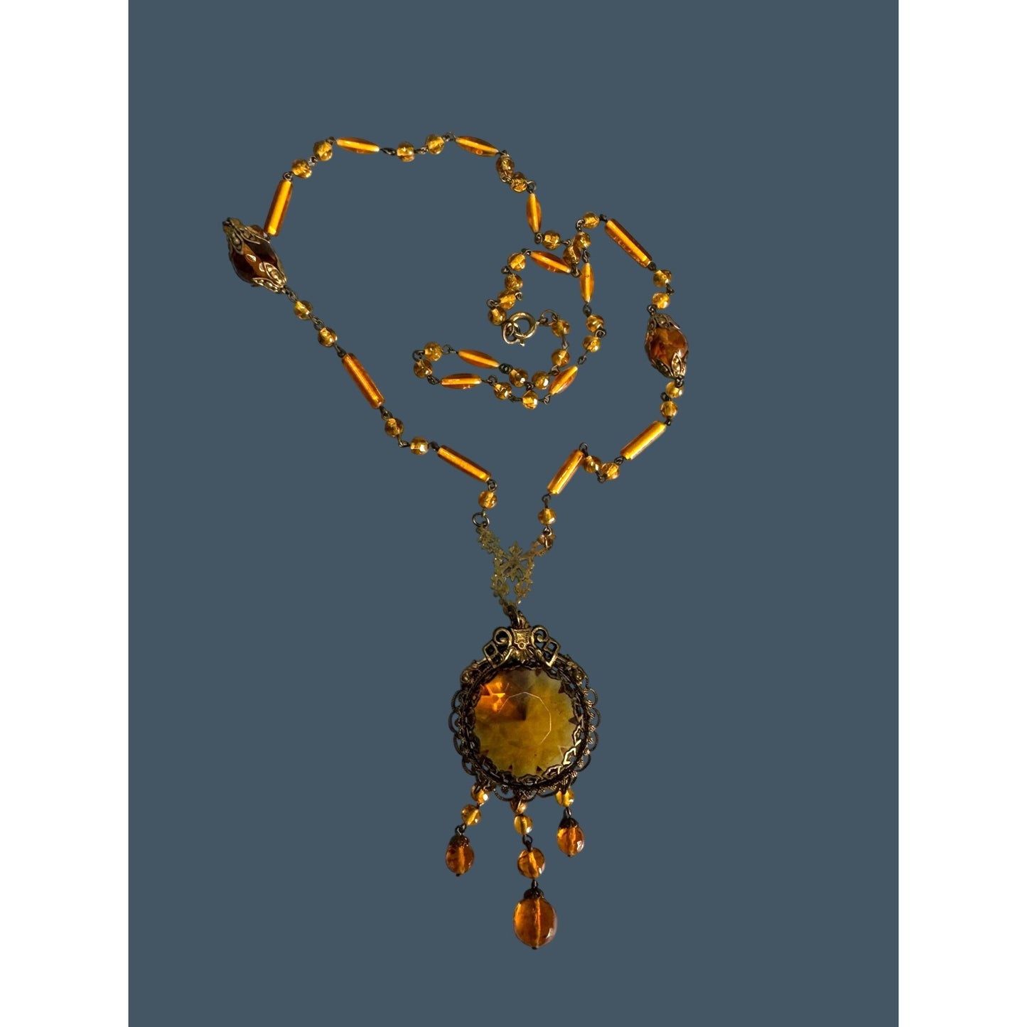 Antique1920s Art Deco Czech Amber Brass Necklace Dangling Pendant Beaded Chain