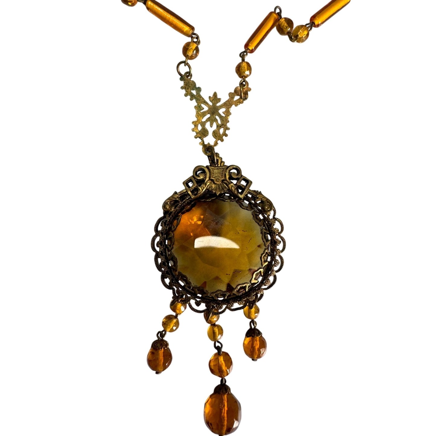 Antique1920s Art Deco Czech Amber Brass Necklace Dangling Pendant Beaded Chain