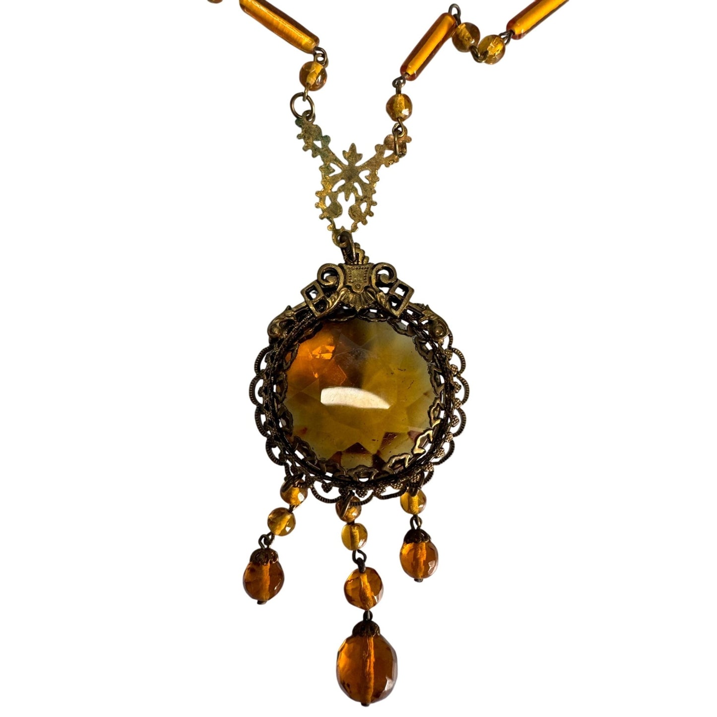 Antique1920s Art Deco Czech Amber Brass Necklace Dangling Pendant Beaded Chain