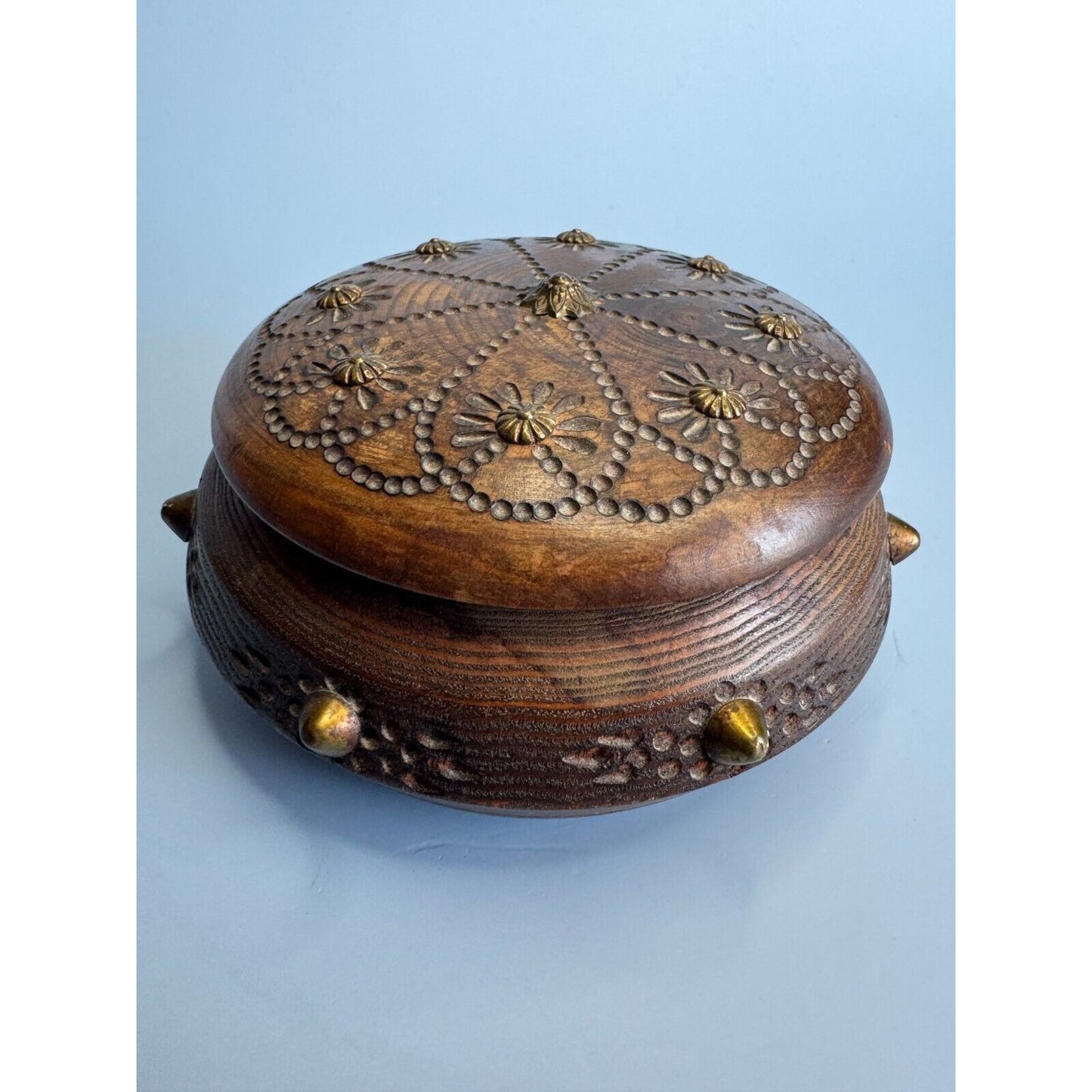 Antique Savoy Round Wooden Trinket Box With Brass Accents & Floral Design Circa 1940s Paris France