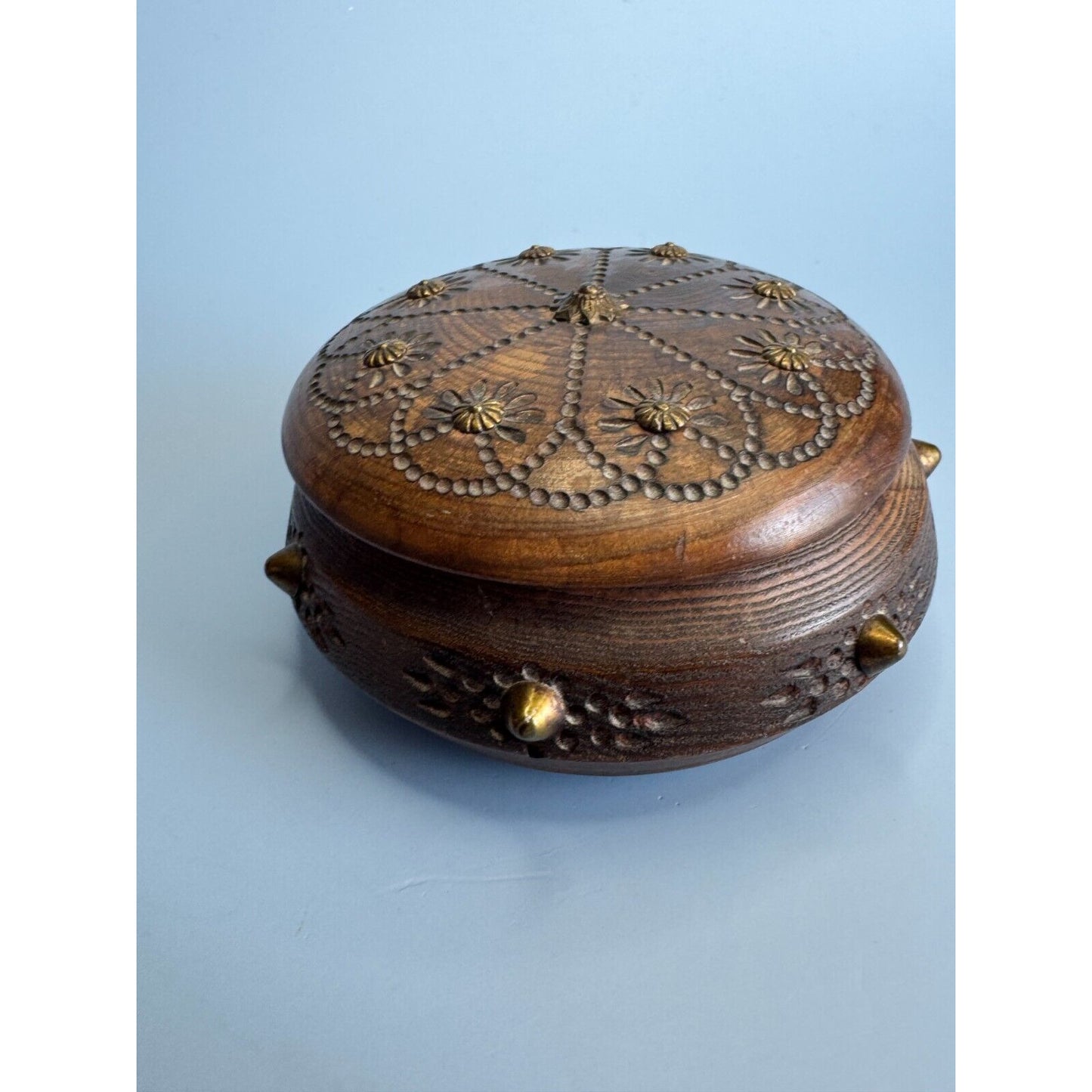 Antique Savoy Round Wooden Trinket Box With Brass Accents & Floral Design Circa 1940s Paris France