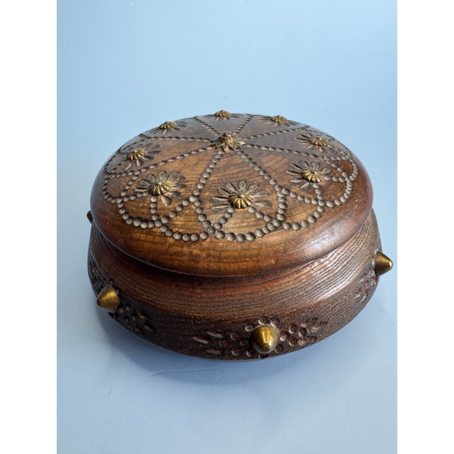 Antique Savoy Round Wooden Trinket Box With Brass Accents & Floral Design Circa 1940s Paris France