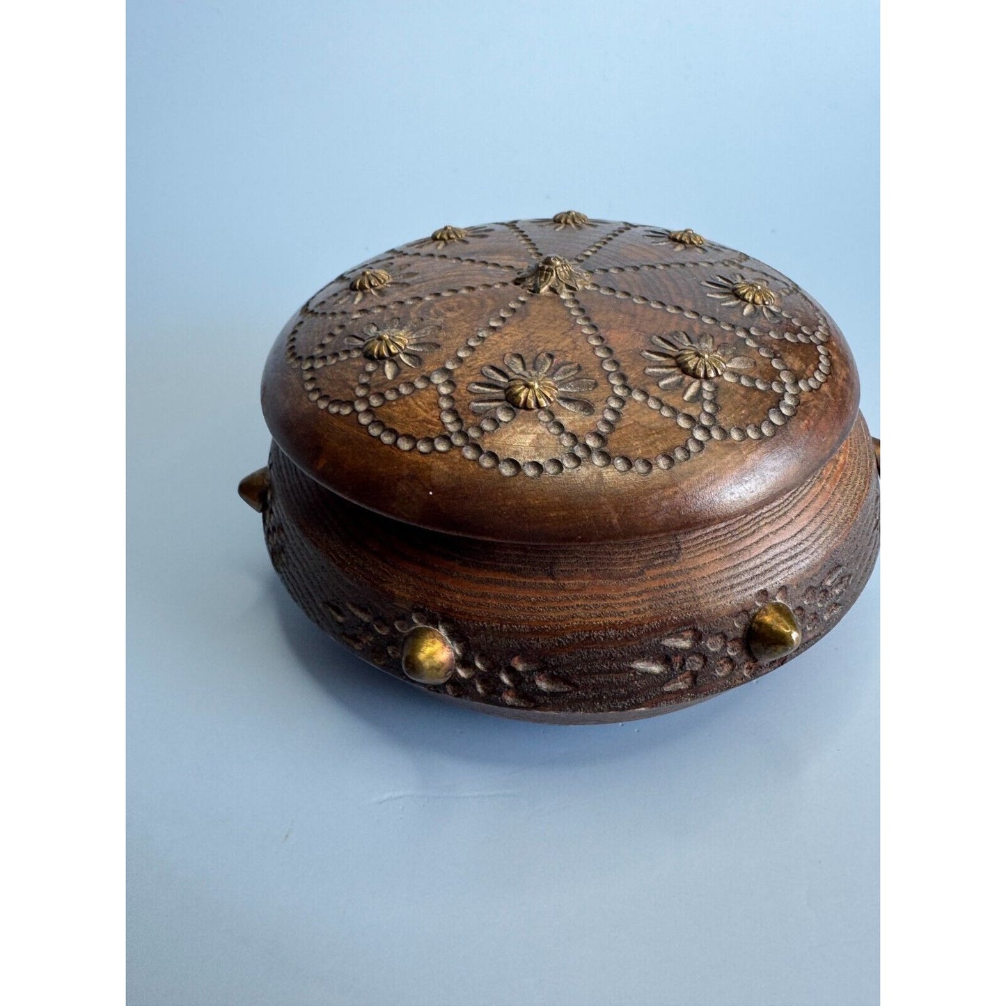 Antique Savoy Round Wooden Trinket Box With Brass Accents & Floral Design Circa 1940s Paris France