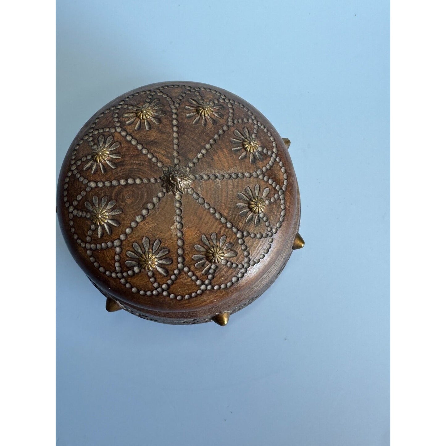 Antique Savoy Round Wooden Trinket Box With Brass Accents & Floral Design Circa 1940s Paris France