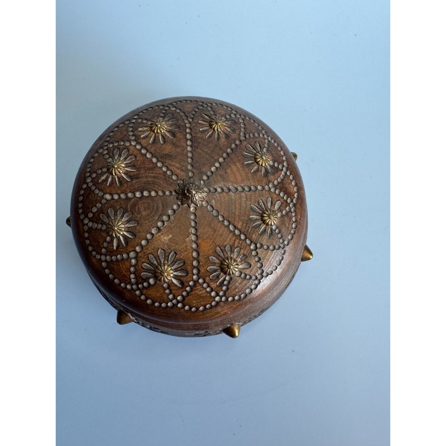 Antique Savoy Round Wooden Trinket Box With Brass Accents & Floral Design Circa 1940s Paris France