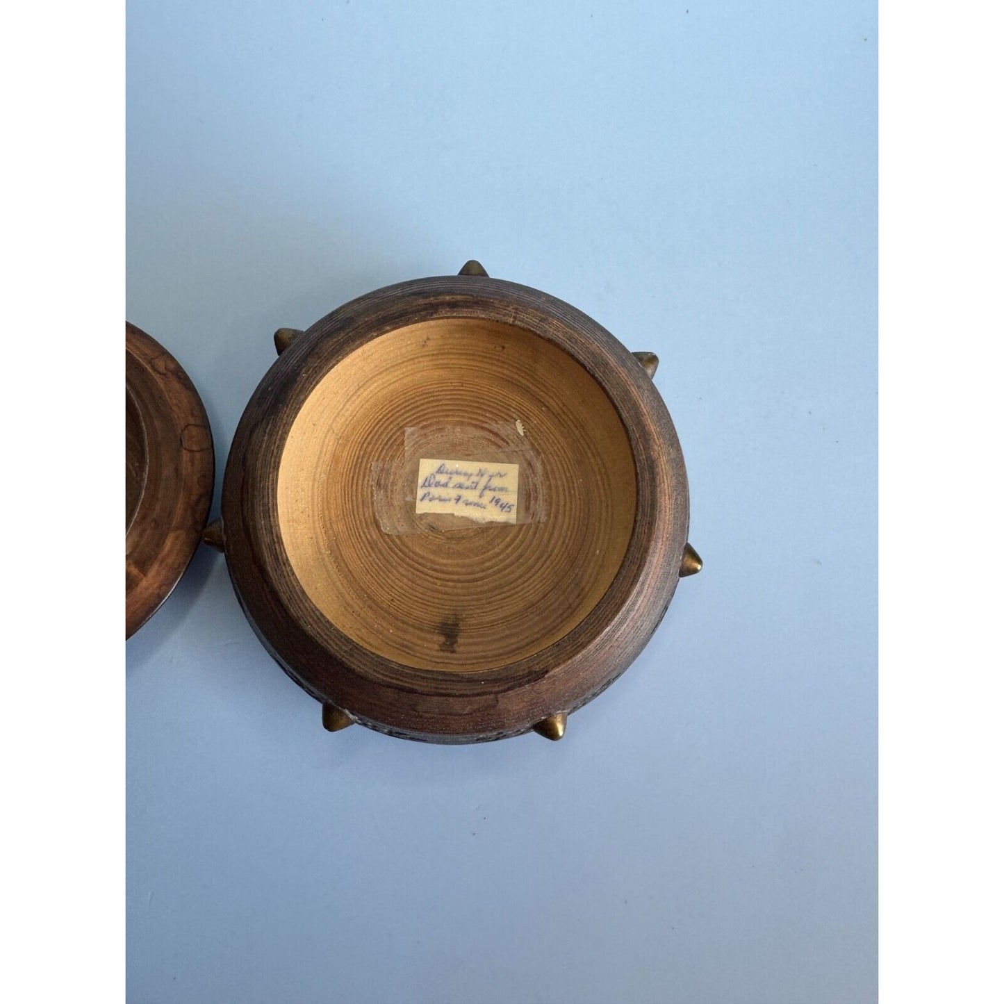 Antique Savoy Round Wooden Trinket Box With Brass Accents & Floral Design Circa 1940s Paris France
