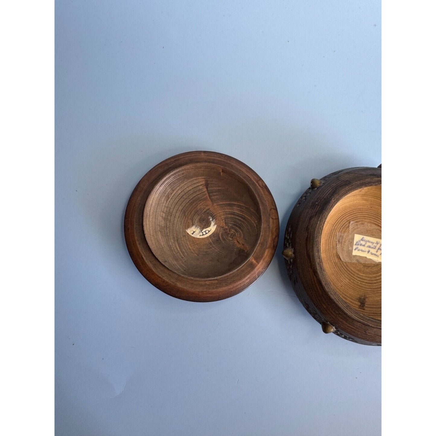 Antique Savoy Round Wooden Trinket Box With Brass Accents & Floral Design Circa 1940s Paris France
