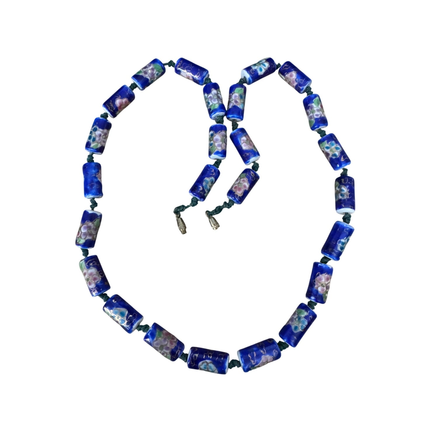 Vintage Chinese Cloisonne Blue Floral Glass Bead Necklace With Barrel Clasp 22"