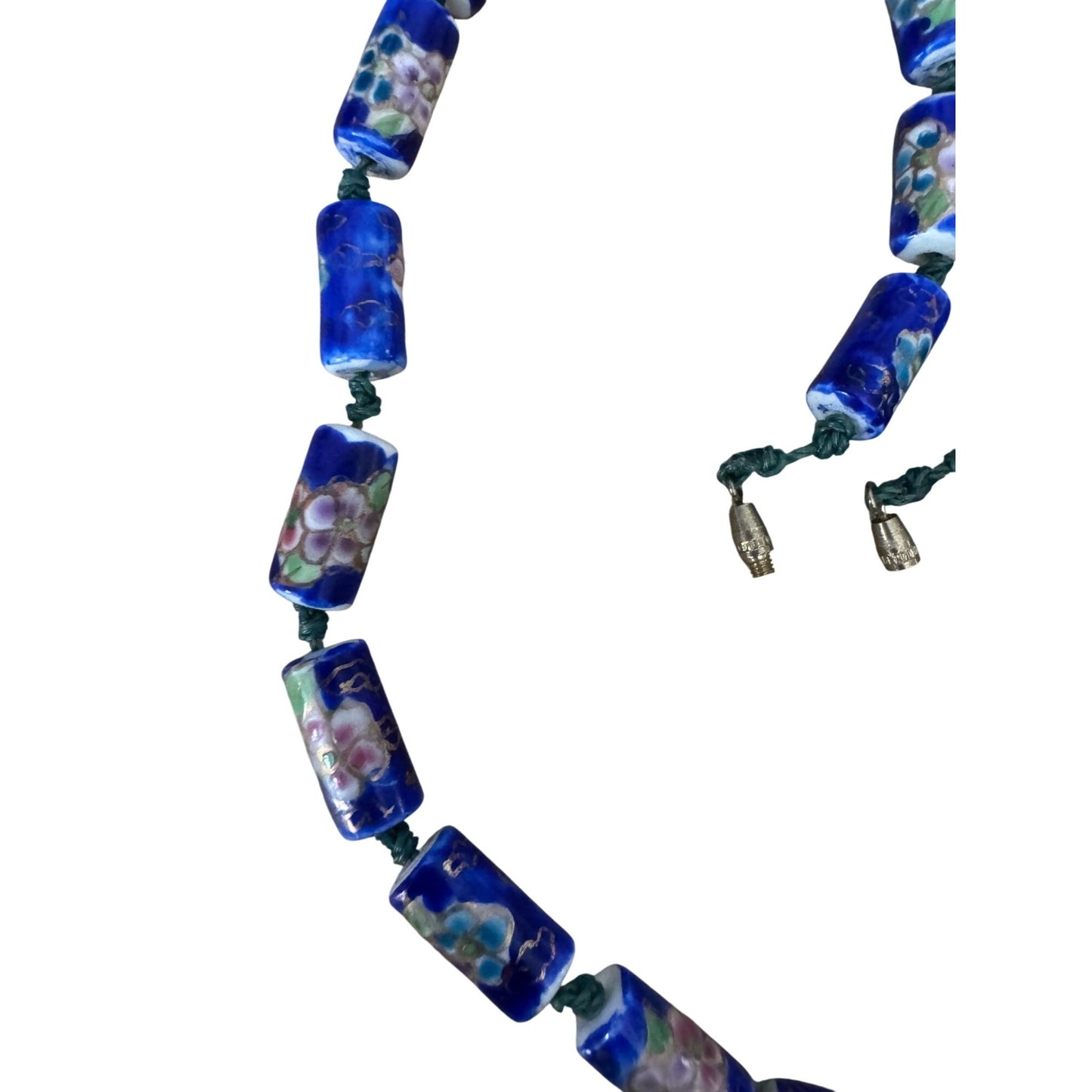 Vintage Chinese Cloisonne Blue Floral Glass Bead Necklace With Barrel Clasp 22"