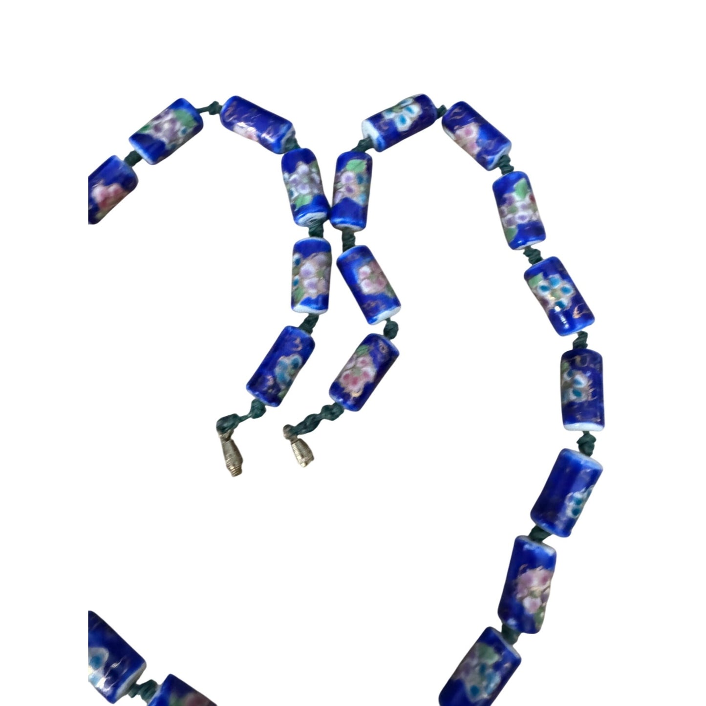 Vintage Chinese Cloisonne Blue Floral Glass Bead Necklace With Barrel Clasp 22"