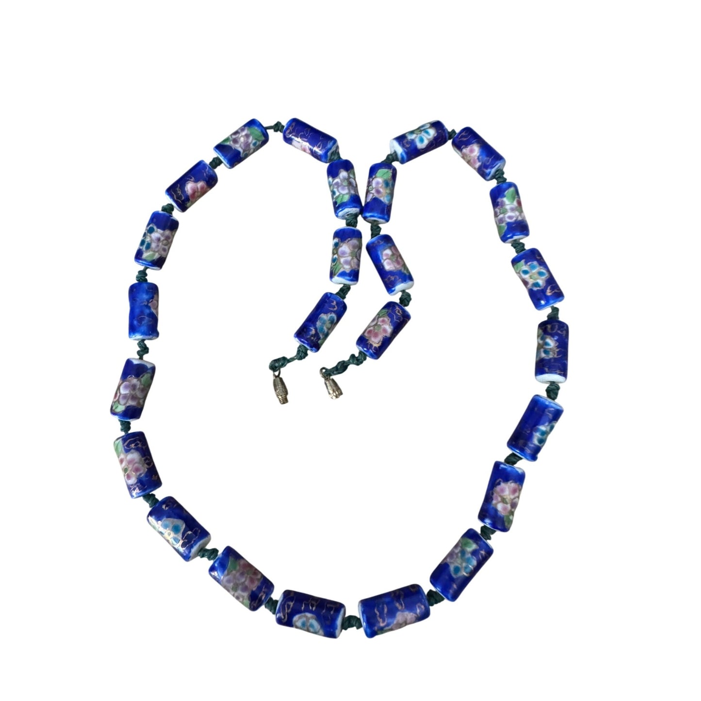 Vintage Chinese Cloisonne Blue Floral Glass Bead Necklace With Barrel Clasp 22"