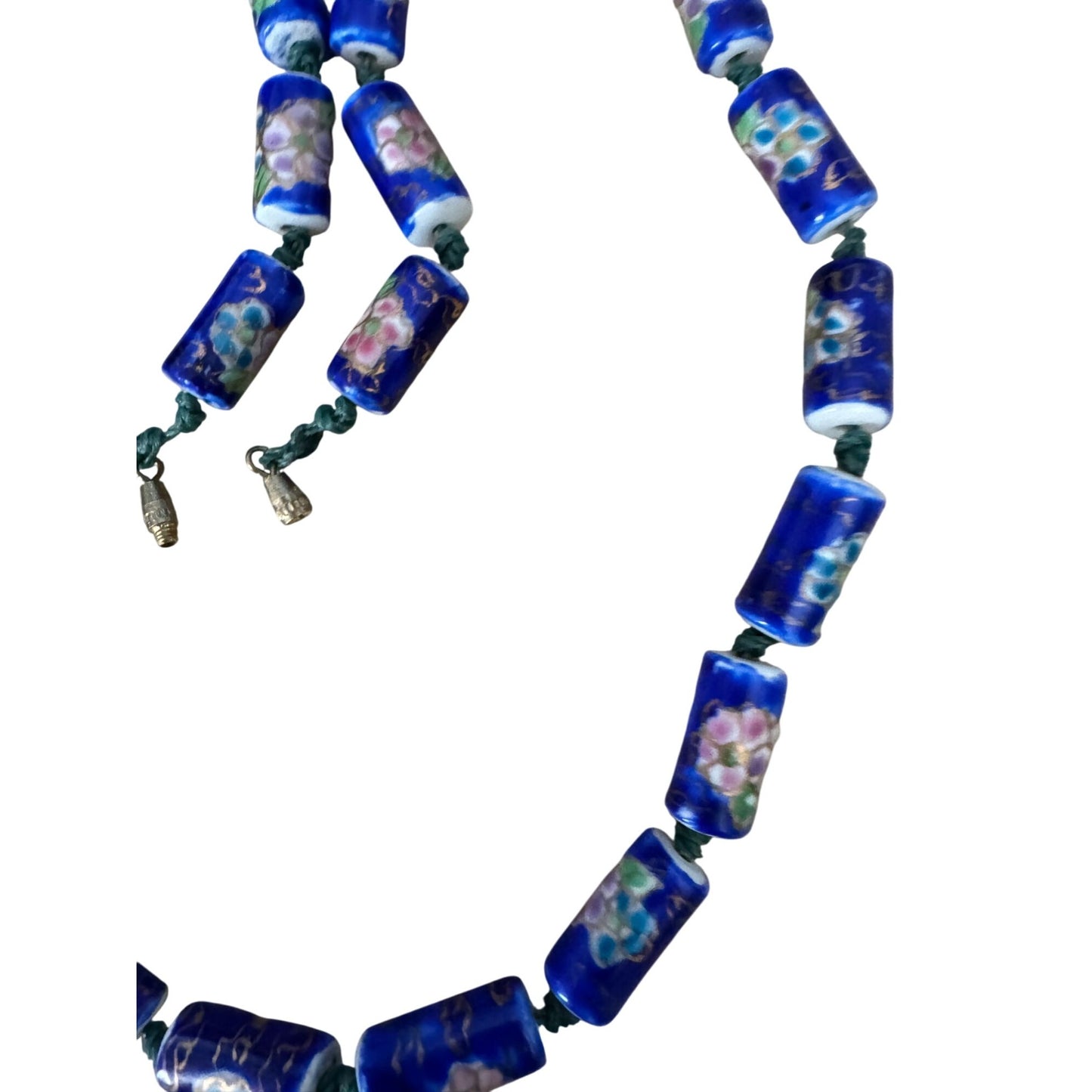 Vintage Chinese Cloisonne Blue Floral Glass Bead Necklace With Barrel Clasp 22"