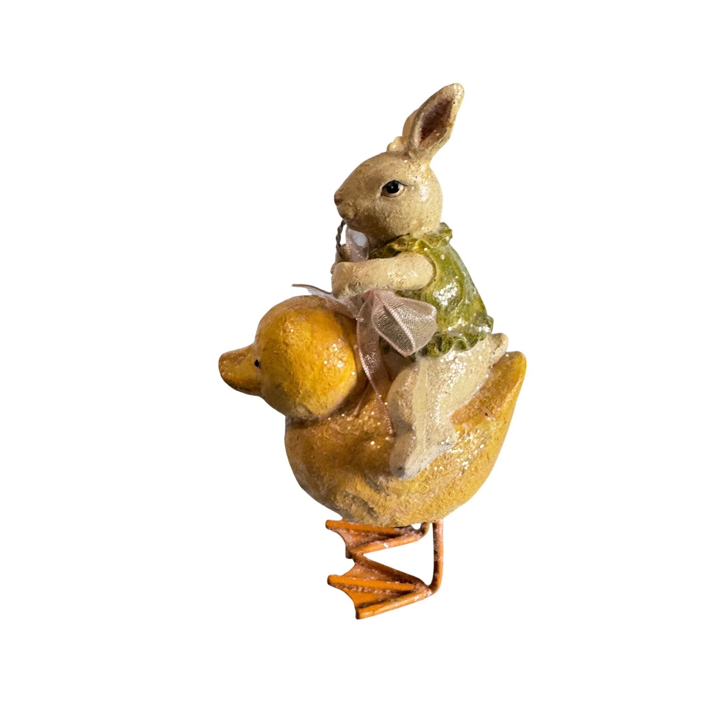 Vintage-Inspired 6" Resin Easter Bunny Riding Baby Duck Figurine