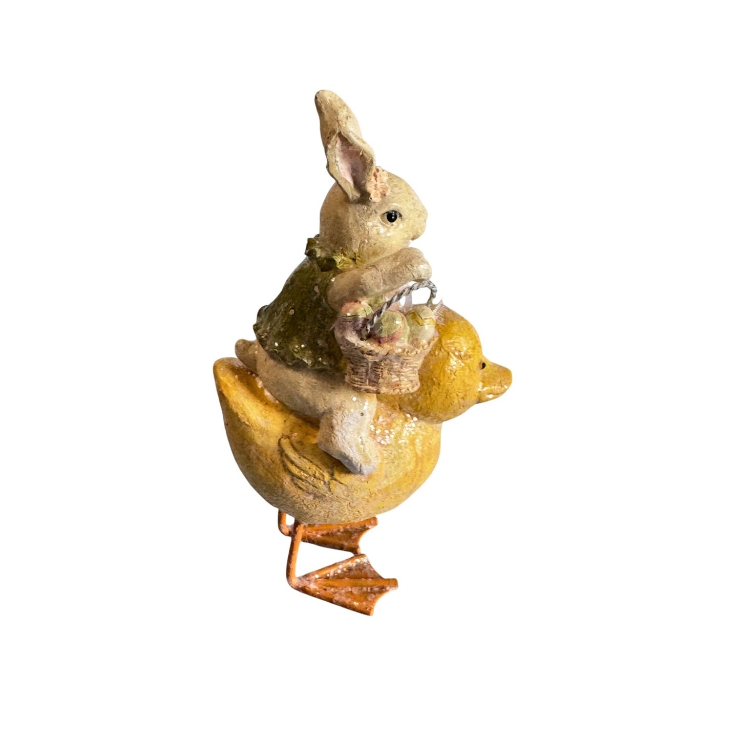 Vintage-Inspired 6" Resin Easter Bunny Riding Baby Duck Figurine